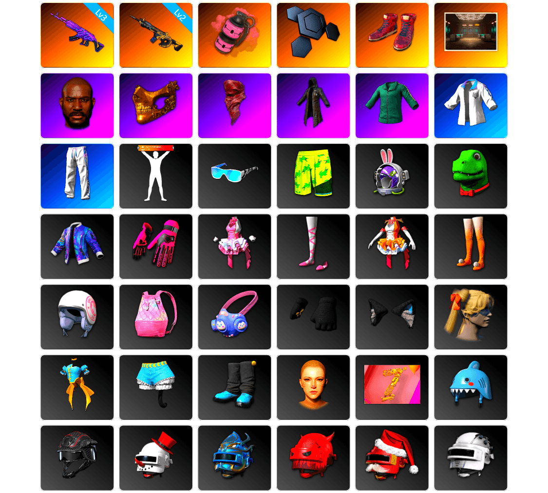 Pink Smoke Grenade, Hi-top Trainers (Red), Secret Showroom, Jonathan Kamau, PGC 2021 Contingent Chaos Mask, PLAYERUNKNOWN's Bandana, Heavy Fur Coat (Black), Bunny Academy Sailor Gloves, XingHun's Tiger Strike Jacket, XingHun's Tiger Strike Pants, XingHun's Tiger Strike Snow Glasses, Parachute, Blue Thunder Gloves, Grizz's Mask, 2018 PUBG ALL-STAR T-shirt (Korean) - 1