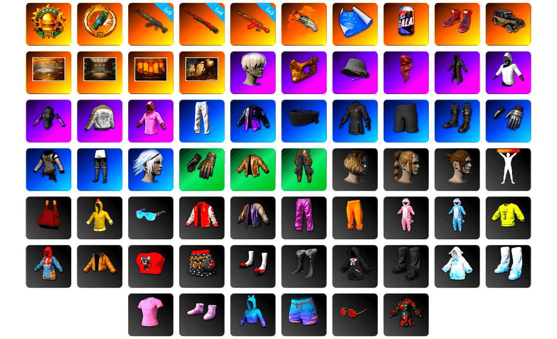 Orange Fog of Fury — M79, Hi-top Trainers (Red), Showroom, Secret Showroom, Weapons Shrine, 9S's Hairstyle, PGC 2021 Contingent Chaos Mask, Headset Bucket Hat, PLAYERUNKNOWN's Bandana, Heavy Fur Coat (Black), WackyJacky101's Jacket, Rash Beixli Xtra Tough Jacket, Bunny Academy Sailor Gloves, Rash Beixli Xtra Tough Jacket, Desolate Warehouse, PML 2019 Phase 2 Jacket, XingHun's Tiger Strike Pants, XingHun's Tiger Strike Snow Glasses, StreamerOne, Full Autumn — M416, Diva Glasses (White), GLL Grand Slam Sweatshirt, DOUYU T-shirt - 1