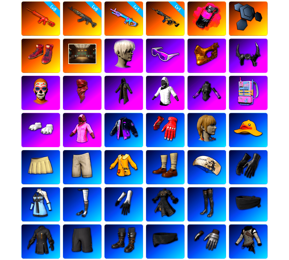 Magenta Smoke Grenade, Hi-top Trainers (Red), Secret Showroom, 9S's Hairstyle, Snow Glasses, PGC 2021 Contingent Chaos Mask, Demon Biker Horns, PLAYERUNKNOWN's Bandana, Heavy Fur Coat (Black), WackyJacky101's Jacket, Polar Bear Feet, Rash Beixli Xtra Tough Jacket, Bunny Academy Sailor Gloves, Rash Beixli Xtra Tough Jacket, NPL 2019 Phase 2 Jacket, PJS 2019 Phase 2 Jacket, Aixleft's Gaming Streamer Hoodie, Exquisite Pants, Pigff's Tactical Striker Jacket, StreamerOne, Winner Winner Chicken Dinner T-Shirt (Red), Headset Bucket Hat, Grizz's Mask, MET Asia Series Bomber Jacket, JiBaoBa, DOUYU T-shirt - 1