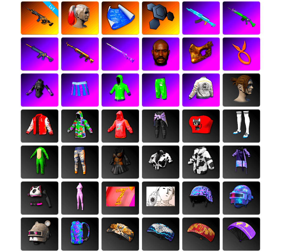 Harley Quinn's Hair, Ashek's AKM, SkipNhO's SLR, Jonathan Kamau, PGC 2021 Contingent Chaos Mask, SkipNhO's SLR, Pirate KIM's M416, Pirate KIM's SKS, JennaJulien's M24, JennaJulien's Pleated Skirt, PEL 2019 Phase 2 Jacket, Bengal Blade - SCAR-L, SPYGEA's M24, Festive Gloves (Red), Grizz's Mask, MET Asia Series Bomber Jacket - 1