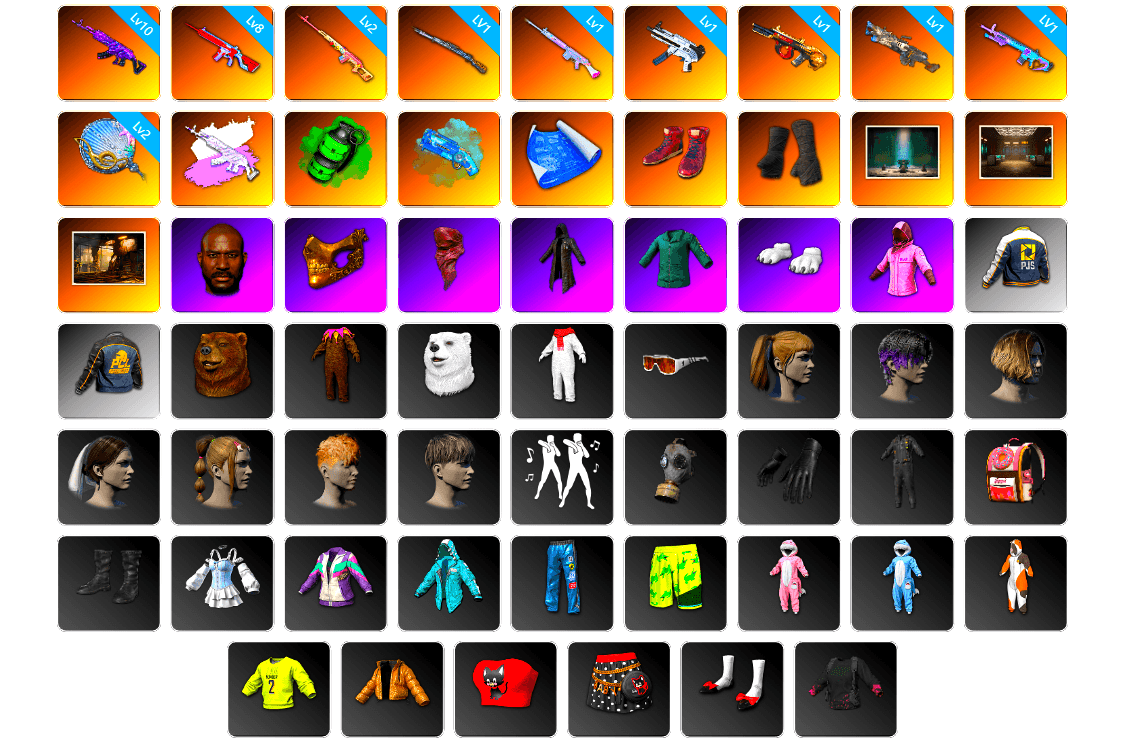 Rest in Pink — Dragunov [2], Emerald Smoke Grenade, Blue Magical Mist — M79, Hi-top Trainers (Red), Duncan's Infiltrator Handwraps, Chamber of Triumph, Jonathan Kamau, PGC 2021 Contingent Chaos Mask, PLAYERUNKNOWN's Bandana, Heavy Fur Coat (Black), Polar Bear Feet, Rash Beixli Xtra Tough Jacket, Harley Quinn's Hair, Rash Beixli Xtra Tough Jacket, Desolate Warehouse, PJS 2019 Phase 2 Jacket, StreamerOne, Sideshow Bear Feet - 1