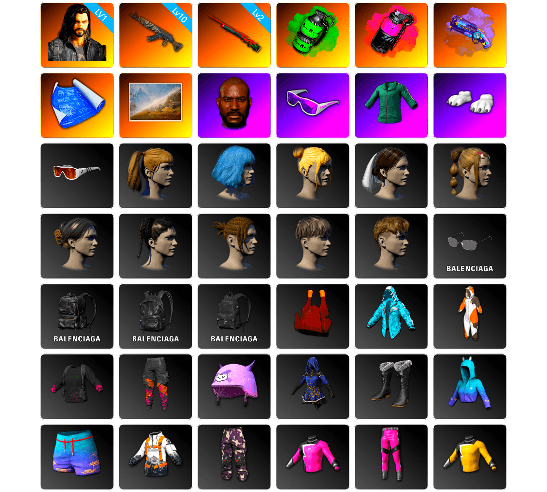 Emerald Smoke Grenade, Magenta Smoke Grenade, Purple Magical Mist — M79, Jonathan Kamau, Snow Glasses, Polar Bear Feet, Harley Quinn's Hair, StreamerOne, Full Autumn — M416, Blue Thunder Gloves, Grizz's Mask, DOUYU T-shirt - 1