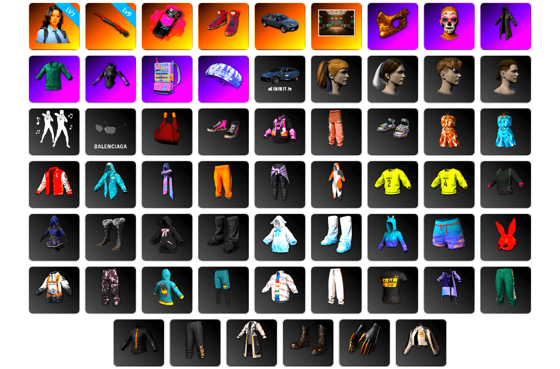 Magenta Smoke Grenade, Hi-top Trainers (Red), PGC 2021 Contingent Chaos Mask, Heavy Fur Coat (Black), Harley Quinn's Hair, StreamerOne, Training Jacket (Green), Full Autumn — M416, Refined Aeolus — Vector - 1