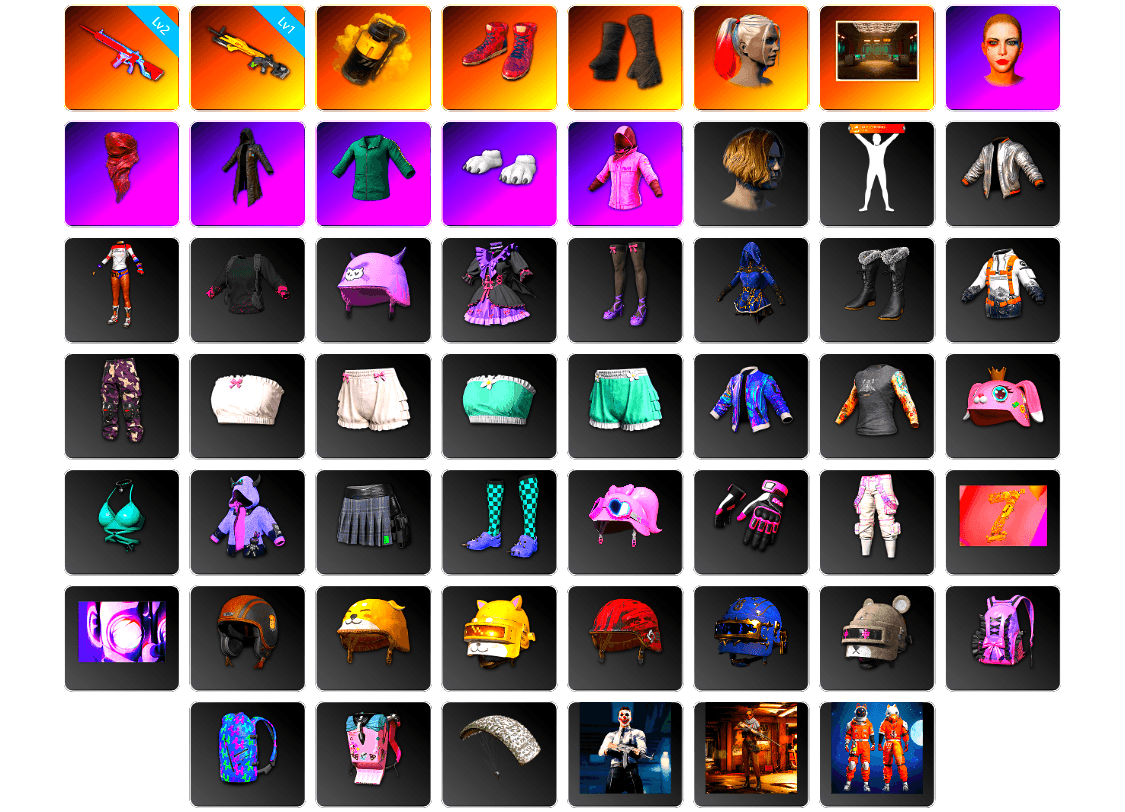 Yellow Smoke Grenade, Hi-top Trainers (Red), Duncan's Infiltrator Handwraps, Harley Quinn's Hair, Secret Showroom, PLAYERUNKNOWN's Bandana, Heavy Fur Coat (Black), Polar Bear Feet, Rash Beixli Xtra Tough Jacket, Bunny Academy Sailor Gloves, Rash Beixli Xtra Tough Jacket, Harley Quinn's Makeup, Grizz's Mask - 1