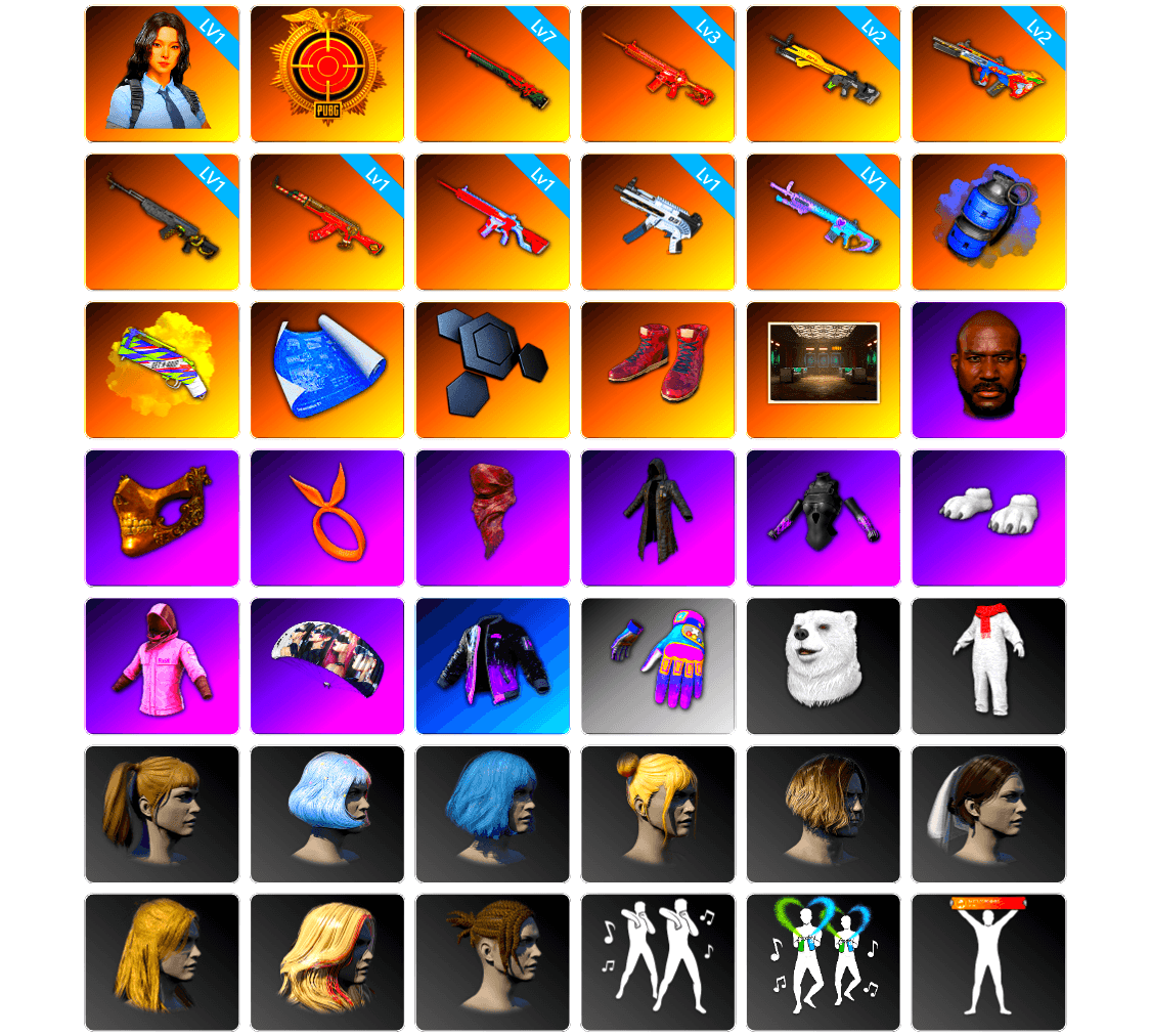 Blue Smoke Grenade, Yellow Fog of Fury — M79, Hi-top Trainers (Red), Jonathan Kamau, PGC 2021 Contingent Chaos Mask, PLAYERUNKNOWN's Bandana, Heavy Fur Coat (Black), Polar Bear Feet, Rash Beixli Xtra Tough Jacket, aespa Stage, Harley Quinn's Hair, Rash Beixli Xtra Tough Jacket, XiongDi Hoodie, StreamerOne - 1
