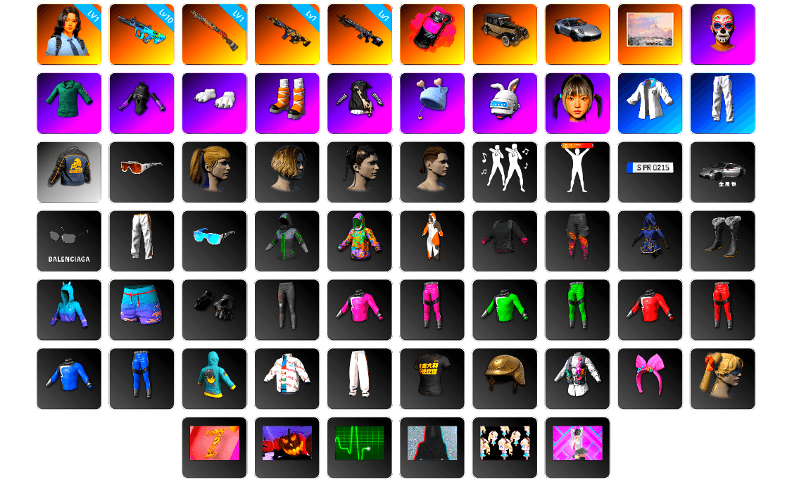 Magenta Smoke Grenade, «911 Carrera GTS» Sports Car, Polar Bear Feet, Harley Quinn's Hair, XingHun's Tiger Strike Jacket, XingHun's Tiger Strike Pants, Exquisite Pants, MET Asia Series Distressed Jeans, StreamerOne, Full Autumn — M416, Blue Thunder Gloves, 2018 PUBG ALL-STAR T-shirt (Korean), DOUYU T-shirt - 1