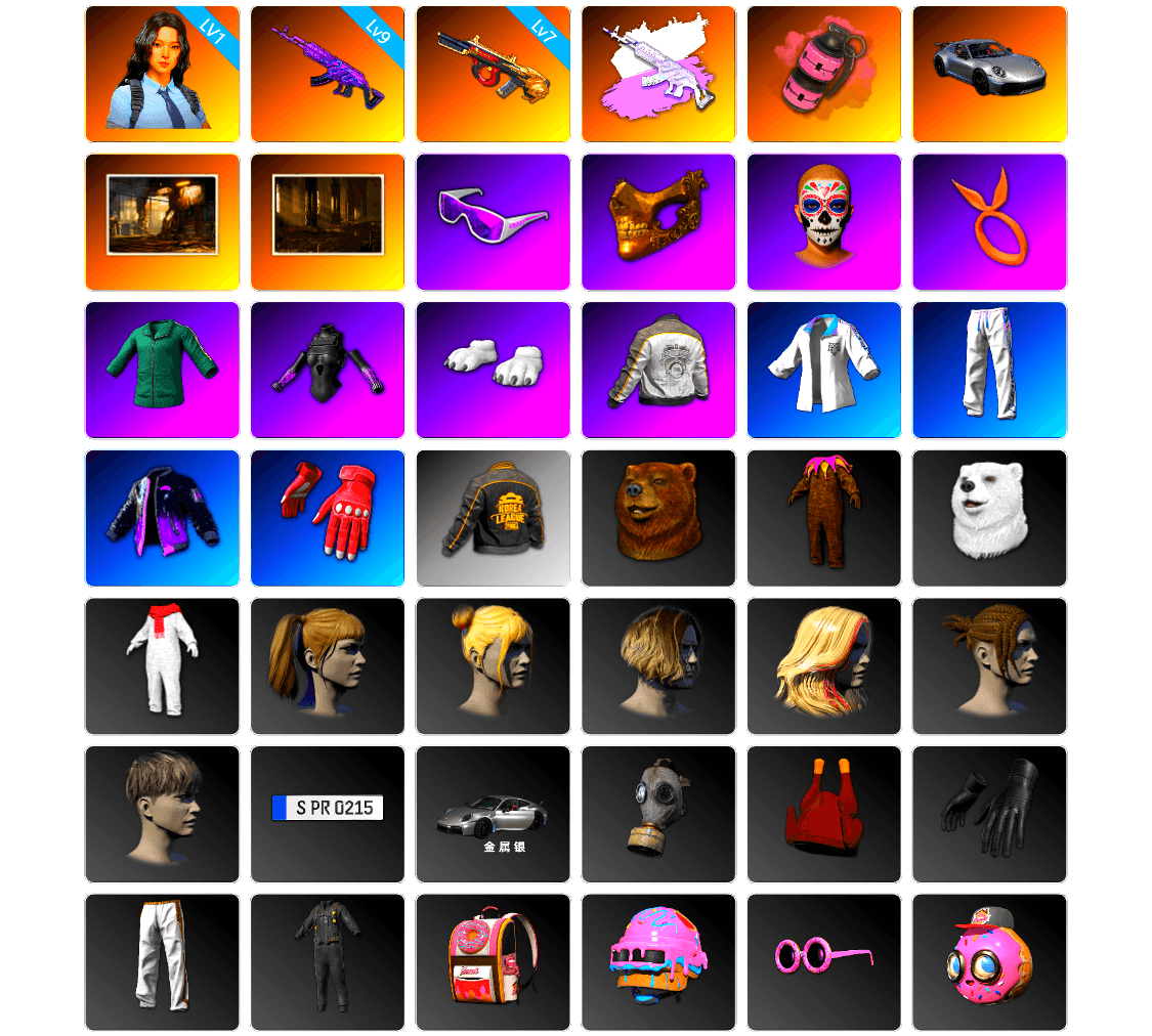 Pink Smoke Grenade, «911 Carrera GTS» Sports Car, Snow Glasses, PGC 2021 Contingent Chaos Mask, Polar Bear Feet, Harley Quinn's Hair, Bunny Academy Sailor Gloves, Rash Beixli Xtra Tough Jacket, Desolate Warehouse, Nostalgia, PML 2019 Phase 2 Jacket, XingHun's Tiger Strike Jacket, XingHun's Tiger Strike Pants, PKL 2019 Phase 2 Jacket, Exquisite Pants, XingHun's Tiger Strike Snow Glasses, XiongDi Hoodie, StreamerOne, GPT 2025 Four Angry Men Jacket, Full Autumn — M416, Festive Gloves (Red), Blue Thunder Gloves, Grizz's Mask, Sideshow Bear Feet - 1
