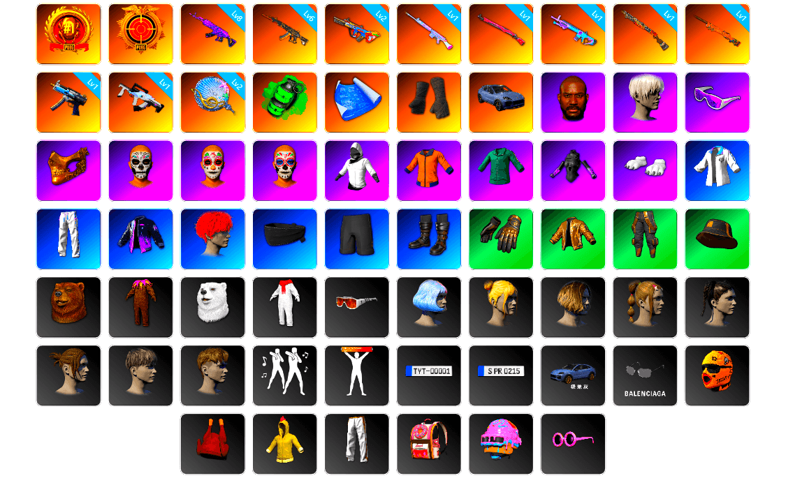 Emerald Smoke Grenade, Duncan's Infiltrator Handwraps, «Cayenne Turbo GT» SUV, Jonathan Kamau, 9S's Hairstyle, Snow Glasses, PGC 2021 Contingent Chaos Mask, WackyJacky101's Jacket, Work Jacket, Polar Bear Feet, Bunny Academy Sailor Gloves, XingHun's Tiger Strike Jacket, XingHun's Tiger Strike Pants, Exquisite Pants, XingHun's Tiger Strike Snow Glasses, Pigff's Tactical Striker Jacket, StreamerOne, Winner Winner Chicken Dinner T-Shirt (Red), Training Jacket (Green), Full Autumn — M416, Festive Gloves (Red), Blue Thunder Gloves, Grizz's Mask, MET Asia Series Bomber Jacket, JiBaoBa, DOUYU T-shirt, Sideshow Bear Feet, LINE FRIENDS SALLY SET, «Chiron» Sports Car - 1