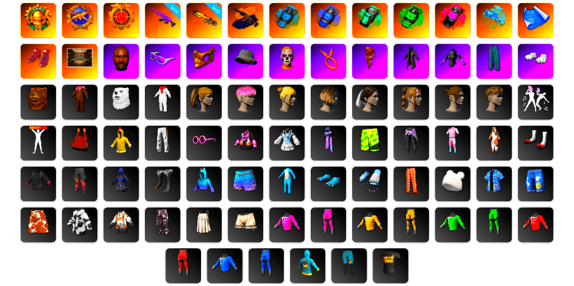 Azure Smoke Grenade, Teal Smoke Grenade, Emerald Smoke Grenade, Magenta Smoke Grenade, Blue Magical Mist — M79, Hi-top Trainers (Red), Jonathan Kamau, Snow Glasses, PGC 2021 Contingent Chaos Mask, PLAYERUNKNOWN's Bandana, Heavy Fur Coat (Black), Polar Bear Feet, Harley Quinn's Hair, Exquisite Pants, StreamerOne, Full Autumn — M416, HUYA T-shirt, DOUYU T-shirt, Esports IGL Shirt, Sideshow Bear Feet - 1