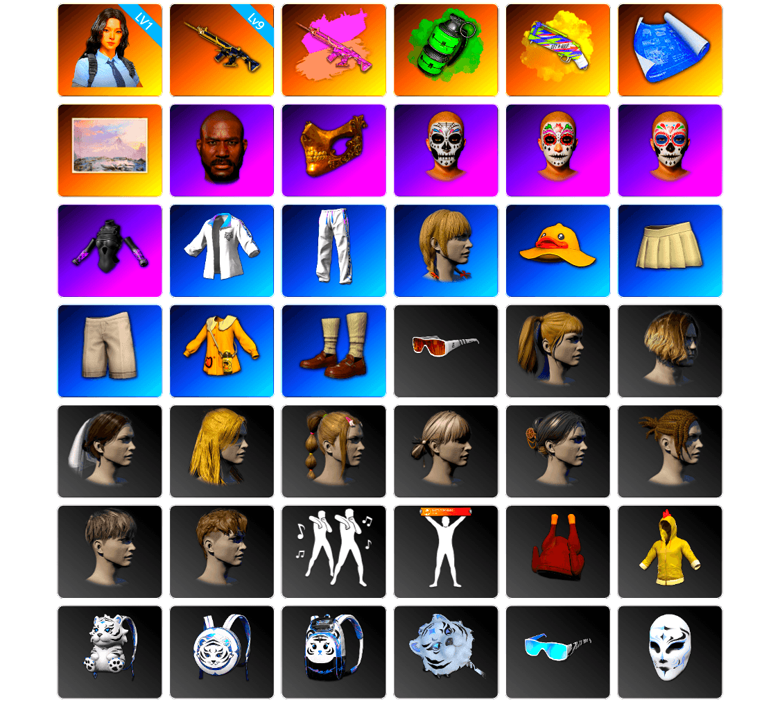 Emerald Smoke Grenade, Yellow Fog of Fury — M79, Winter Hideout, Jonathan Kamau, PGC 2021 Contingent Chaos Mask, Harley Quinn's Hair, Bunny Academy Sailor Gloves, XingHun's Tiger Strike Jacket, XingHun's Tiger Strike Pants, XingHun's Tiger Strike Snow Glasses, StreamerOne, Parachute, Full Autumn — M416, Grizz's Mask, GLL Grand Slam Sweatshirt, HUYA T-shirt, DOUYU T-shirt, LINE FRIENDS SALLY SET - 1