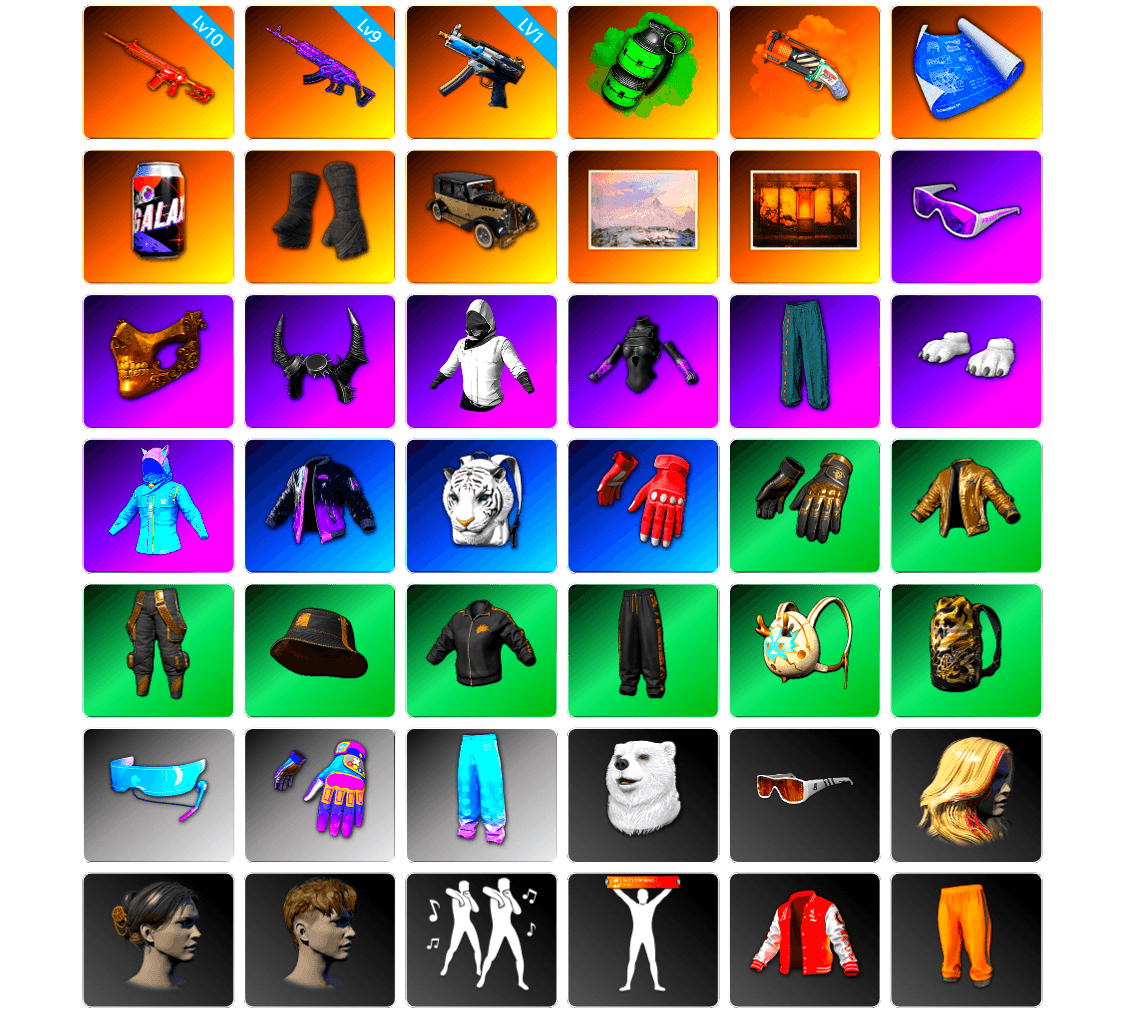 Emerald Smoke Grenade, Orange Fog of Fury — M79, Duncan's Infiltrator Handwraps, Winter Hideout, Weapons Shrine, Snow Glasses, PGC 2021 Contingent Chaos Mask, Demon Biker Horns, WackyJacky101's Jacket, Polar Bear Feet, Aixleft's Gaming Streamer Hoodie, Aixleft's Gaming Streamer Hoodie, MET Asia Series Bomber Jacket, StreamerOne, Full Autumn — M416, Diva Glasses (White), Grizz's Mask, HUYA T-shirt, JiBaoBa, Sideshow Bear Feet - 1