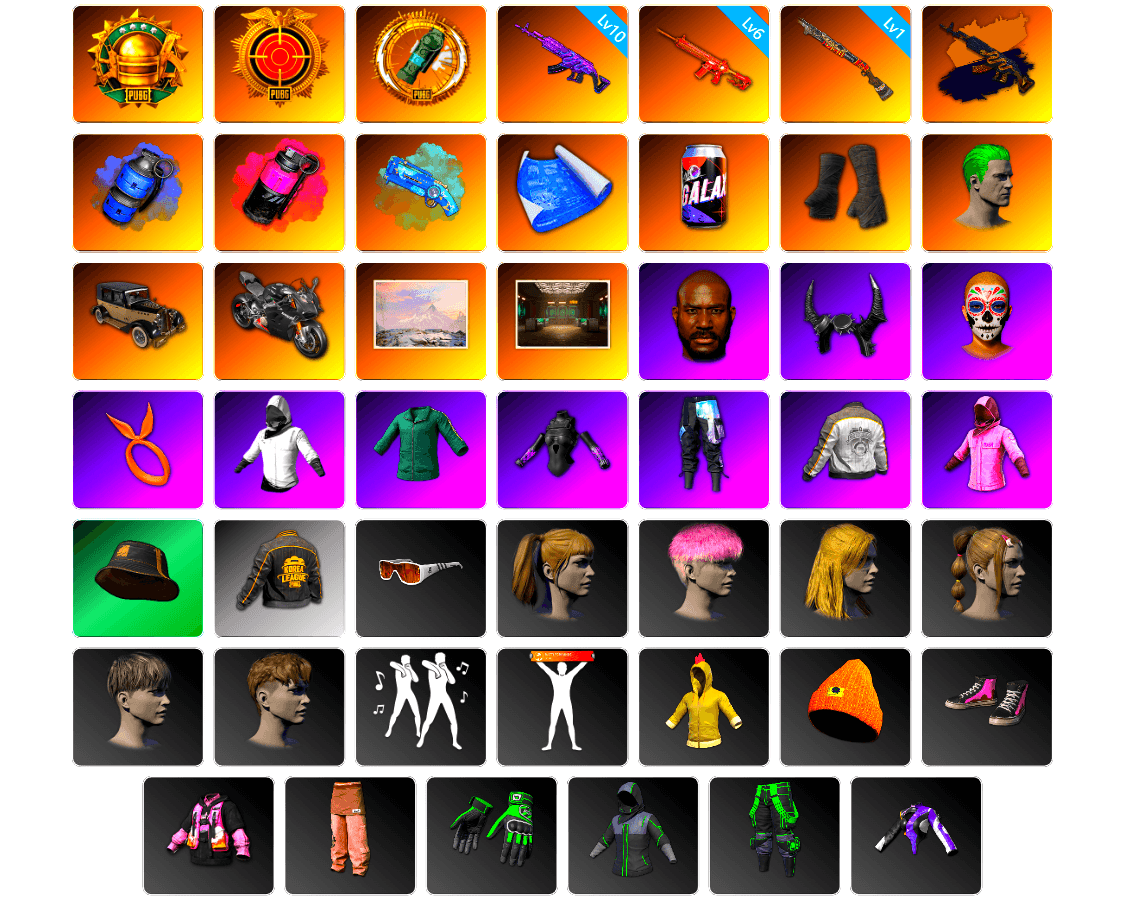 Blue Smoke Grenade, Magenta Smoke Grenade, Blue Magical Mist — M79, Duncan's Infiltrator Handwraps, The Joker's Hair, «Panigale V4 S (Pitch Black)» Motorcycle, Winter Hideout, Secret Showroom, Jonathan Kamau, Demon Biker Horns, WackyJacky101's Jacket, Rash Beixli Xtra Tough Jacket, Harley Quinn's Hair, Bunny Academy Sailor Gloves, Rash Beixli Xtra Tough Jacket, PML 2019 Phase 2 Jacket, PKL 2019 Phase 2 Jacket, Pigff's Tactical Striker Jacket, Jijing's Shorts, Full Autumn — M416, Grizz's Mask, JiBaoBa, Sideshow Bear Feet, LINE FRIENDS SALLY SET - 1