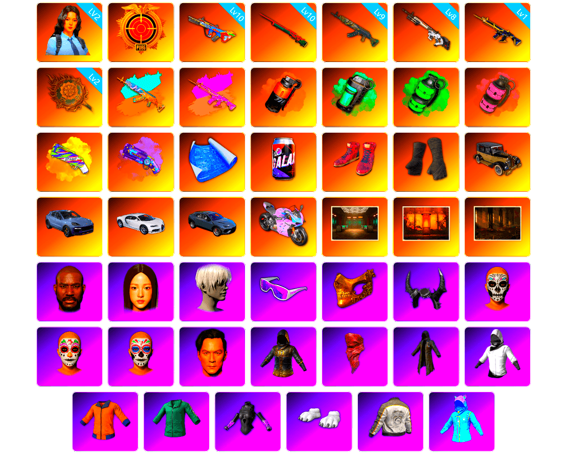Coral Smoke Grenade, Teal Smoke Grenade, Emerald Smoke Grenade, Pink Smoke Grenade, Yellow Fog of Fury — M79, Purple Magical Mist — M79, Hi-top Trainers (Red), Duncan's Infiltrator Handwraps, «Cayenne Turbo GT» SUV, «Chiron» Sports Car, «Panigale V4 S (Twilight Torque)» Motorcycle, Weapons Shrine, Jonathan Kamau, 9S's Hairstyle, Snow Glasses, PGC 2021 Contingent Chaos Mask, Demon Biker Horns, PLAYERUNKNOWN's Bandana, Heavy Fur Coat (Black), Polar Bear Feet, aespa Stage, Harley Quinn's Hair, Nostalgia, PML 2019 Phase 2 Jacket, PUBG X NEWJEANS DANIELLE SET, NPL 2019 Phase 2 Jacket, StreamerOne, GPT 2025 Four Angry Men Jacket, Full Autumn — M416, Blue Thunder Gloves - 1