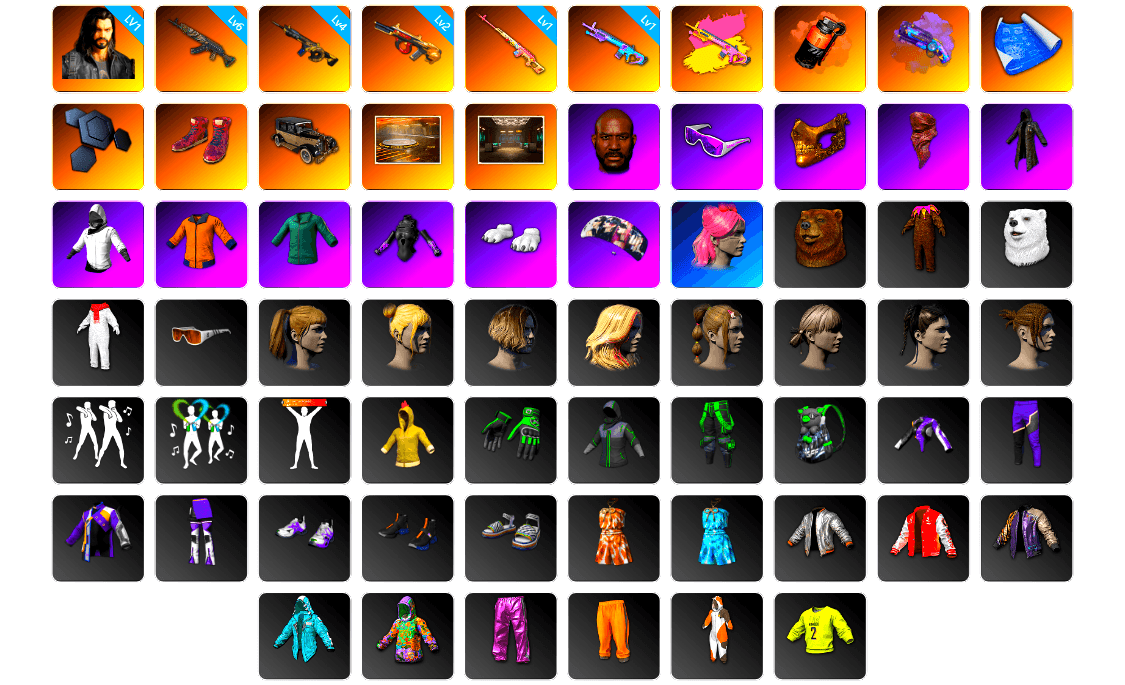 Rest in Pink — Dragunov [1], Coral Smoke Grenade, Purple Magical Mist — M79, Hi-top Trainers (Red), Showroom, Secret Showroom, Jonathan Kamau, Snow Glasses, PGC 2021 Contingent Chaos Mask, PLAYERUNKNOWN's Bandana, Heavy Fur Coat (Black), WackyJacky101's Jacket, Work Jacket, Polar Bear Feet, aespa Stage, Harley Quinn's Hair, Bunny Academy Sailor Gloves, Pigff's Tactical Striker Jacket, XiongDi Hoodie, Jijing's Shorts, StreamerOne, Winner Winner Chicken Dinner T-Shirt (Red), Full Autumn — M416, Blue Thunder Gloves, Grizz's Mask, HUYA T-shirt, JiBaoBa, Sideshow Bear Feet - 1