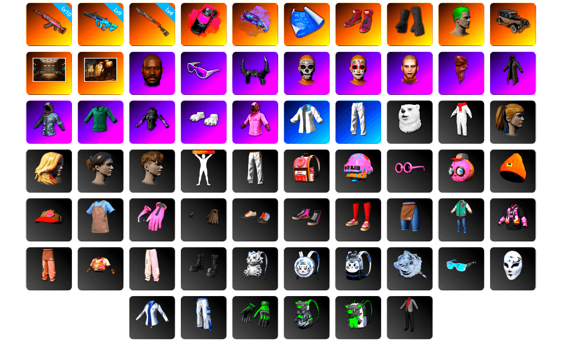 Magenta Smoke Grenade, Purple Magical Mist — M79, Hi-top Trainers (Red), Duncan's Infiltrator Handwraps, The Joker's Hair, Secret Showroom, Jonathan Kamau, Snow Glasses, Demon Biker Horns, The Joker's Hair, PLAYERUNKNOWN's Bandana, Heavy Fur Coat (Black), Polar Bear Feet, Rash Beixli Xtra Tough Jacket, Harley Quinn's Hair, Bunny Academy Sailor Gloves, Rash Beixli Xtra Tough Jacket, Desolate Warehouse, XingHun's Tiger Strike Jacket, XingHun's Tiger Strike Pants, Exquisite Pants, XingHun's Tiger Strike Snow Glasses, GPT 2025 Four Angry Men Jacket, Parachute, Full Autumn — M416, Shark Bite - Kar98k, Grizz's Mask, HUYA T-shirt, JiBaoBa, Sideshow Bear Feet - 1