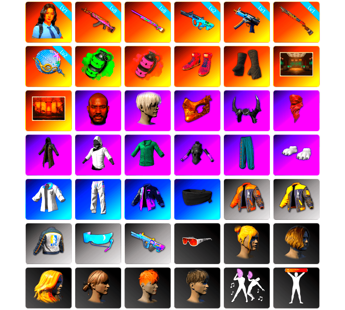 Emerald Smoke Grenade, Pink Smoke Grenade, Hi-top Trainers (Red), Duncan's Infiltrator Handwraps, Secret Showroom, Weapons Shrine, Jonathan Kamau, 9S's Hairstyle, PGC 2021 Contingent Chaos Mask, Demon Biker Horns, PLAYERUNKNOWN's Bandana, Heavy Fur Coat (Black), WackyJacky101's Jacket, Polar Bear Feet, Bunny Academy Sailor Gloves, Rash Beixli Xtra Tough Jacket, XingHun's Tiger Strike Jacket, XingHun's Tiger Strike Pants, NPL 2019 Phase 2 Jacket, Aixleft's Gaming Streamer Hoodie, XingHun's Tiger Strike Snow Glasses, GPT 2025 Four Angry Men Jacket, Parachute, Full Autumn — M416, Grizz's Mask, HUYA T-shirt, JiBaoBa, DOUYU T-shirt - 1