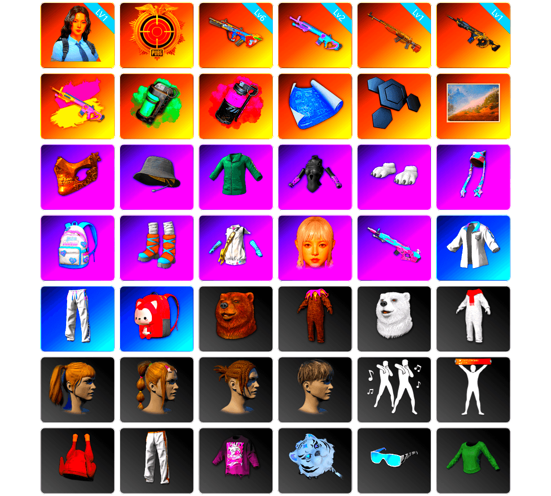 Teal Smoke Grenade, Magenta Smoke Grenade, PGC 2021 Contingent Chaos Mask, Headset Bucket Hat, Polar Bear Feet, Harley Quinn's Hair, Bunny Academy Sailor Gloves, PUBG X NEWJEANS DANIELLE SET, XingHun's Tiger Strike Jacket, XingHun's Tiger Strike Pants, Exquisite Pants, XingHun's Tiger Strike Snow Glasses, Training Jacket (Green), Parachute, Diva Glasses (White), Grizz's Mask, Sideshow Bear Feet, LINE FRIENDS SALLY SET - 1