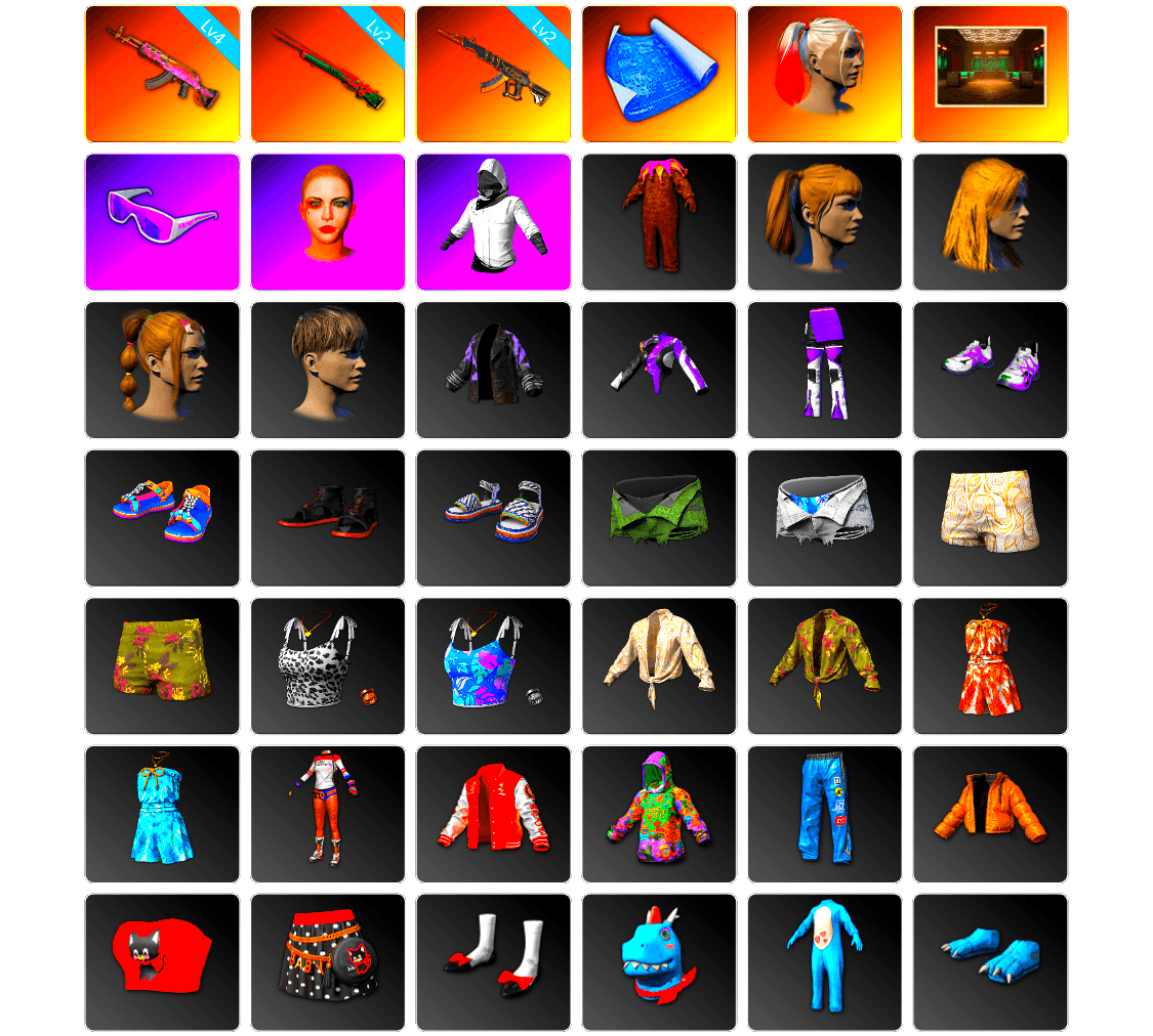 Harley Quinn's Hair, Secret Showroom, Snow Glasses, WackyJacky101's Jacket, Harley Quinn's Hair, Bunny Academy Sailor Gloves, Harley Quinn's Makeup, XiongDi Hoodie, StreamerOne, Winner Winner Chicken Dinner T-Shirt (Red), Full Autumn — M416, Shark Bite - Kar98k, Grizz's Mask - 1