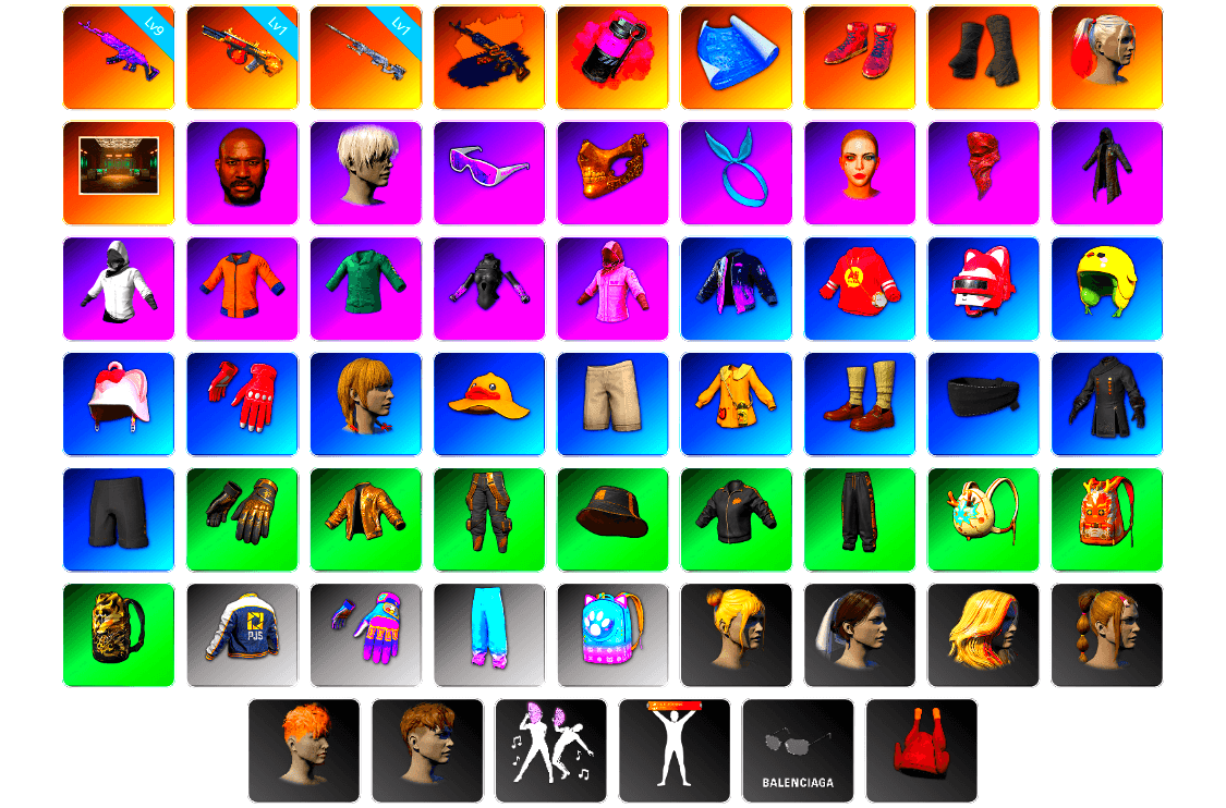 Magenta Smoke Grenade, Hi-top Trainers (Red), Duncan's Infiltrator Handwraps, Harley Quinn's Hair, Secret Showroom, Jonathan Kamau, 9S's Hairstyle, Snow Glasses, PGC 2021 Contingent Chaos Mask, Kansas Headband, PLAYERUNKNOWN's Bandana, Heavy Fur Coat (Black), WackyJacky101's Jacket, Work Jacket, Rash Beixli Xtra Tough Jacket, Bunny Academy Sailor Gloves, Rash Beixli Xtra Tough Jacket, Harley Quinn's Makeup, PJS 2019 Phase 2 Jacket, Aixleft's Gaming Streamer Hoodie, Exquisite Pants, Parachute, Festive Gloves (Red), Tactical Gloves, Blue Thunder Gloves, Grizz's Mask, MET Asia Series Bomber Jacket, JiBaoBa, Sideshow Bear Feet - 1