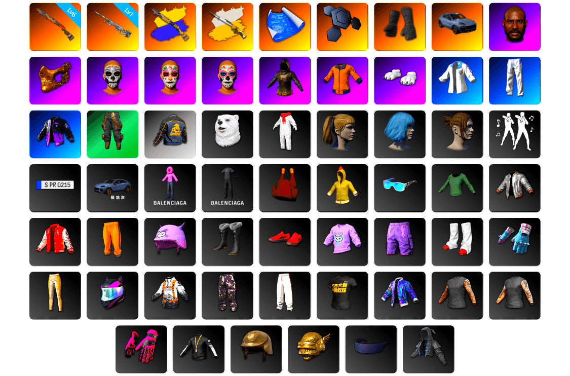 Duncan's Infiltrator Handwraps, «Cayenne Turbo GT» SUV, Jonathan Kamau, PGC 2021 Contingent Chaos Mask, Work Jacket, Polar Bear Feet, Harley Quinn's Hair, Bunny Academy Sailor Gloves, XingHun's Tiger Strike Jacket, XingHun's Tiger Strike Pants, PCL 2019 Phase 2 Jacket, XingHun's Tiger Strike Snow Glasses, StreamerOne, Full Autumn — M416, Festive Gloves (Red), Grizz's Mask, HUYA T-shirt - 1