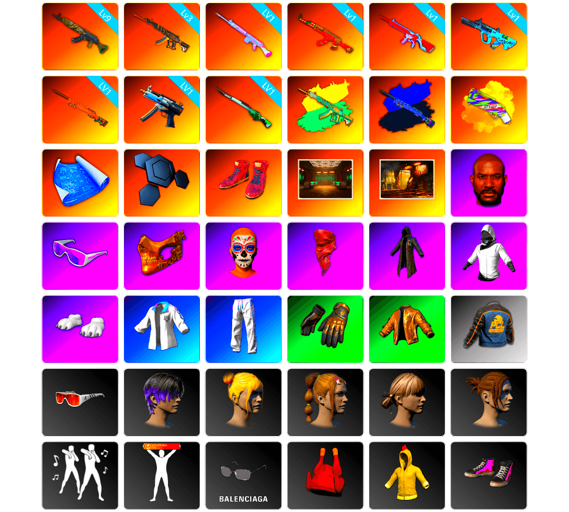 Final Serenade — M24 (Blue Black), Yellow Fog of Fury — M79, Hi-top Trainers (Red), Secret Showroom, Jonathan Kamau, Snow Glasses, PGC 2021 Contingent Chaos Mask, PLAYERUNKNOWN's Bandana, Heavy Fur Coat (Black), WackyJacky101's Jacket, Polar Bear Feet, Bunny Academy Sailor Gloves, Desolate Warehouse, XingHun's Tiger Strike Jacket, XingHun's Tiger Strike Pants, PCL 2019 Phase 2 Jacket, XingHun's Tiger Strike Snow Glasses, XiongDi Hoodie, MET Asia Series Bomber Jacket, Jijing's Shorts, StreamerOne, Full Autumn — M416, Blue Thunder Gloves, Grizz's Mask, JiBaoBa, DOUYU T-shirt - 1