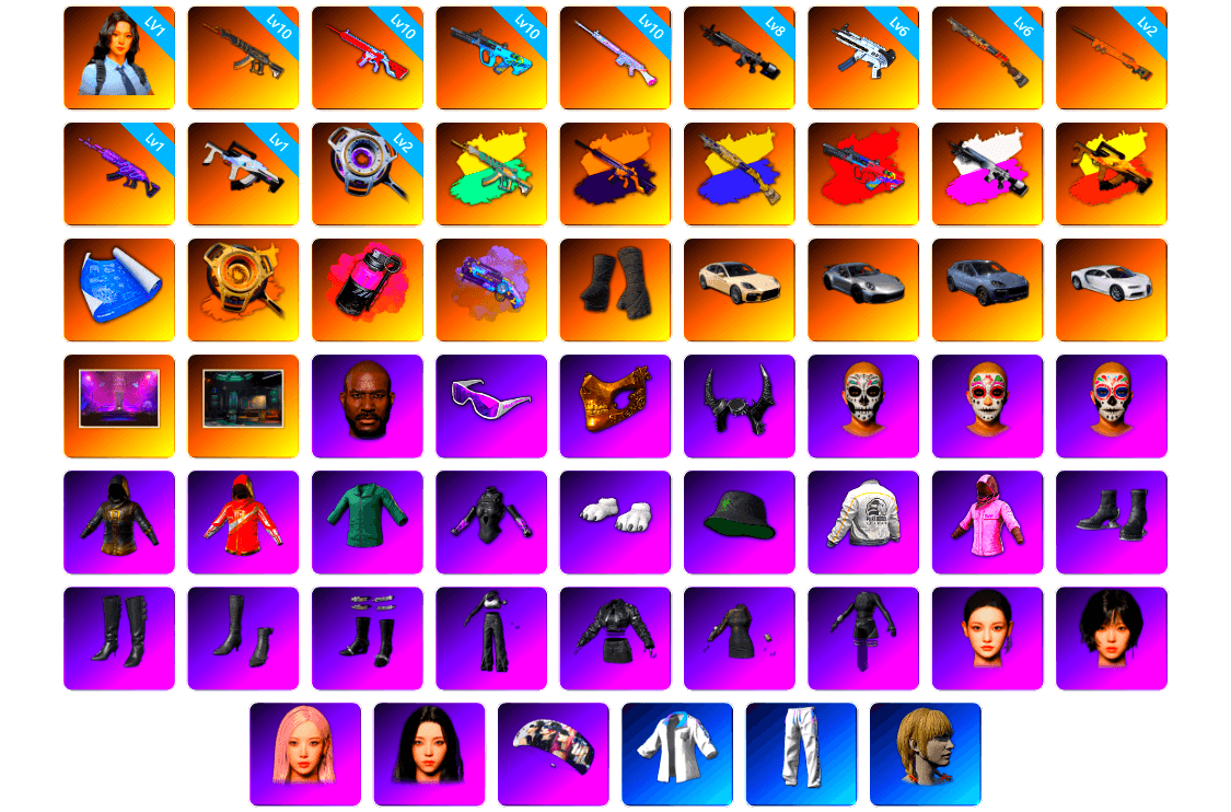 G-DRAGON — AUG (Red), Obscura - Mk12 (Silver Fuchsia), Absolute Zero - Groza (Yellow Coral), Void — Pan (Yellow Orange), Magenta Smoke Grenade, Purple Magical Mist — M79, Duncan's Infiltrator Handwraps, «Panamera Turbo S» Sedan, «911 Carrera GTS» Sports Car, «Cayenne Turbo GT» SUV, «Chiron» Sports Car, Jonathan Kamau, Snow Glasses, PGC 2021 Contingent Chaos Mask, Demon Biker Horns, Polar Bear Feet, Rash Beixli Xtra Tough Jacket, aespa Stage, Backstreet Garage, Harley Quinn's Hair, Bunny Academy Sailor Gloves, Rash Beixli Xtra Tough Jacket, PEL 2019 Phase 2 Jacket, aespa NINGNING, XingHun's Tiger Strike Jacket, XingHun's Tiger Strike Pants, PKL 2019 Phase 2 Jacket, Exquisite Pants, XingHun's Tiger Strike Snow Glasses, Pigff's Tactical Striker Jacket, MET Asia Series Distressed Jeans, NH-Esports Jacket, Jijing's Shorts, StreamerOne, GPT 2025 Four Angry Men Jacket, aespa KARINA, aespa WINTER, aespa GISELLE, Parachute, Full Autumn — M416, NH-ESPORTS - Beryl M762, Douyu Biker Jacket, Blue Thunder Gloves, Grizz's Mask, HUYA T-shirt, JiBaoBa, DOUYU T-shirt - 1