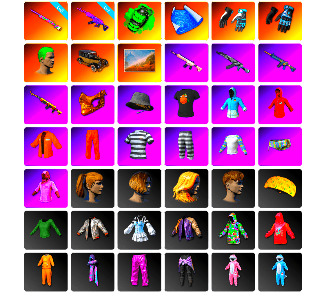 Emerald Smoke Grenade, Shroud's Gloves, Bunny Academy Gloves, The Joker's Hair, NeoticaCH's M416, PGC 2021 Contingent Chaos Mask, Headset Bucket Hat, Escapee Jacket, Jailbird T-Shirt, Rash Vest, Rash Beixli Xtra Tough Jacket, Harley Quinn's Hair, Bunny Academy Sailor Gloves, Rash Beixli Xtra Tough Jacket, Ghosted — AKM, Pirate KIM's M416, Pirate KIM's SKS, Ryan the Lion Hoodie, PGI 2018 «Four Angry Men» Hoodie, Bengal Tiger, Full Autumn — M416, Bengal Blade - SCAR-L, PUBG Nations Cup 2019 Pan, Diva Glasses (White), Rose-tinted Glasses, Grizz's Mask, MET Asia Series Bomber Jacket, PGI T-Shirt, Heavy Fur Coat (Black), Zerator's Pleated Skirt, P4wnyhof's Hotpants - 1