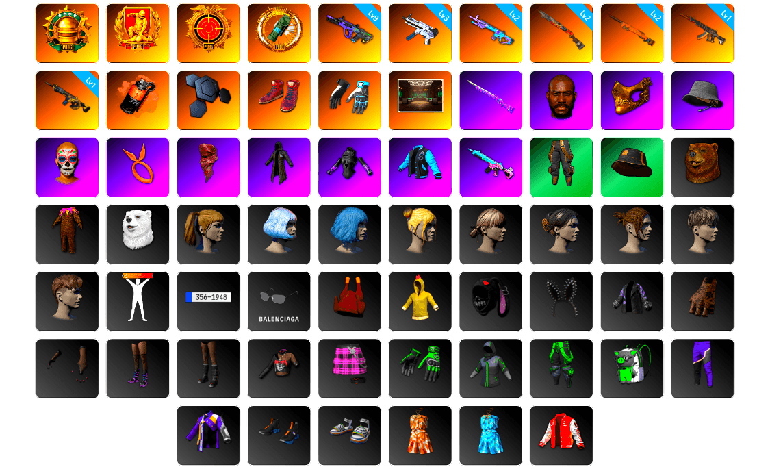 Coral Smoke Grenade, Hi-top Trainers (Red), Shroud's Gloves, Secret Showroom, Jonathan Kamau, PGC 2021 Contingent Chaos Mask, Headset Bucket Hat, PLAYERUNKNOWN's Bandana, Heavy Fur Coat (Black), Harley Quinn's Hair, Bunny Academy Sailor Gloves, JennaJulien's M24, Shroud's Varsity Jacket, Pigff's Tactical Striker Jacket, «McLaren GT Standard (Silica White)» Sports Car, Wakgood's M416, shroud's M16A4, Wakgood's AWM, Diva Glasses (White), Grizz's Mask, shroud's Cloth Mask, MET Asia Series Bomber Jacket - 1