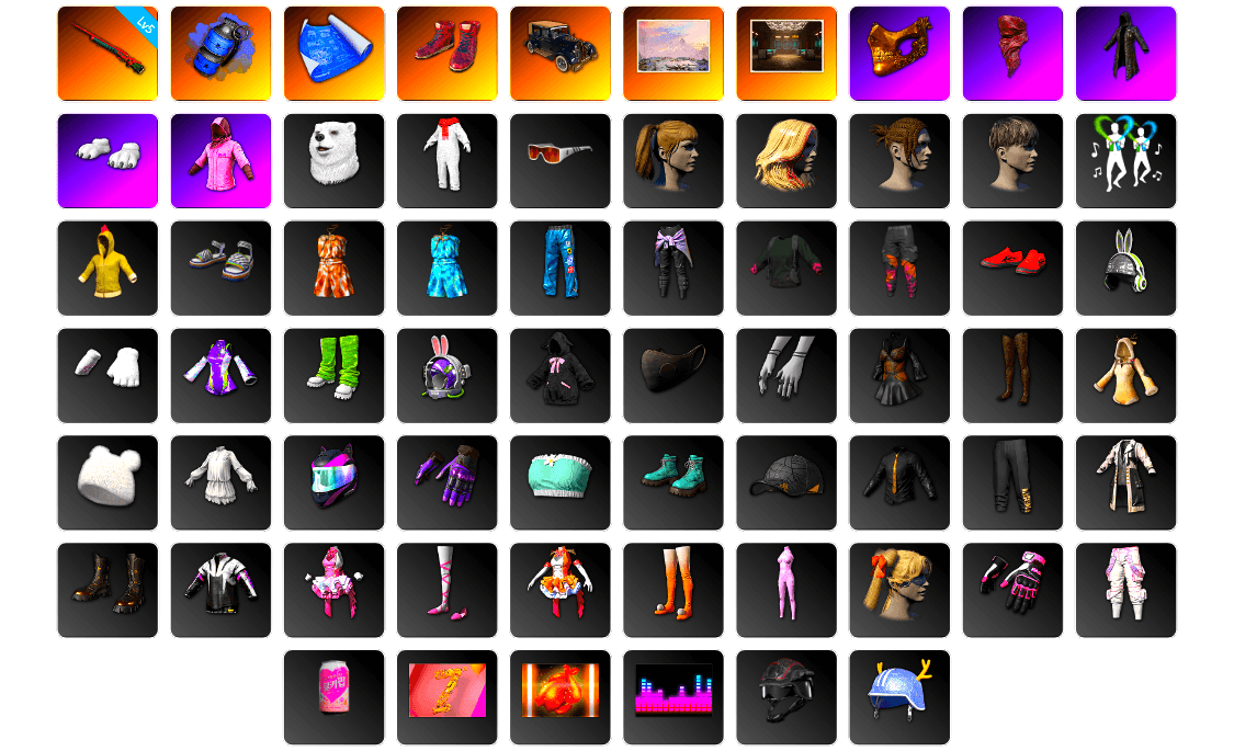 Blue Smoke Grenade, Hi-top Trainers (Red), PGC 2021 Contingent Chaos Mask, PLAYERUNKNOWN's Bandana, Heavy Fur Coat (Black), Polar Bear Feet, Rash Beixli Xtra Tough Jacket, Harley Quinn's Hair, Rash Beixli Xtra Tough Jacket - 1