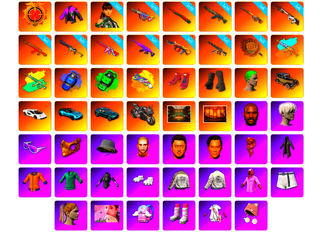 Blue Smoke Grenade, Emerald Smoke Grenade, Yellow Fog of Fury — M79, Hi-top Trainers (Red), Duncan's Infiltrator Handwraps, The Joker's Hair, «Countach LPI 800-4» Sports Car, «V12 Vantage Roadster (Luxe)» Sports Car, «DBX707» SUV, «Panigale V4 S (Pitch Black)» Motorcycle, Secret Showroom, Weapons Shrine, Jonathan Kamau, 9S's Hairstyle, Snow Glasses, PGC 2021 Contingent Chaos Mask, Headset Bucket Hat, The Joker's Hair, PLAYERUNKNOWN's Bandana, Heavy Fur Coat (Black), Work Jacket, Polar Bear Feet, Rash Beixli Xtra Tough Jacket, Harley Quinn's Hair, Bunny Academy Sailor Gloves, Rash Beixli Xtra Tough Jacket, PML 2019 Phase 2 Jacket, PEL 2019 Phase 2 Jacket, XingHun's Tiger Strike Jacket, PCL 2019 Phase 2 Jacket, «DBX707» SUV, XiongDi Hoodie, Jijing's Shorts, StreamerOne, Winner Winner Chicken Dinner T-Shirt (Red), Parachute, Full Autumn — M416, Bengal Blade - SCAR-L, Grizz's Mask, HUYA T-shirt, DOUYU T-shirt - 1