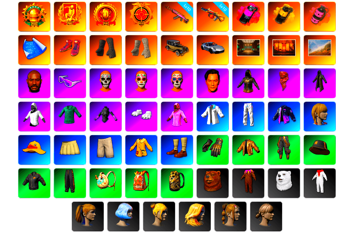 Magenta Smoke Grenade, Yellow Smoke Grenade, Pink Smoke Grenade, Hi-top Trainers (Red), Duncan's Infiltrator Handwraps, PGI Title Wraps, «911 Carrera GTS» Sports Car, Secret Showroom, Weapons Shrine, Jonathan Kamau, Snow Glasses, PLAYERUNKNOWN's Bandana, Heavy Fur Coat (Black), WackyJacky101's Jacket, Polar Bear Feet, Rash Beixli Xtra Tough Jacket, Harley Quinn's Hair, Bunny Academy Sailor Gloves, Rash Beixli Xtra Tough Jacket, XingHun's Tiger Strike Jacket, XingHun's Tiger Strike Pants, Exquisite Pants, XingHun's Tiger Strike Snow Glasses, Pigff's Tactical Striker Jacket, XiongDi Hoodie, StreamerOne, Full Autumn — M416, Grizz's Mask, shroud's Cloth Mask, JiBaoBa, Sideshow Bear Feet - 1