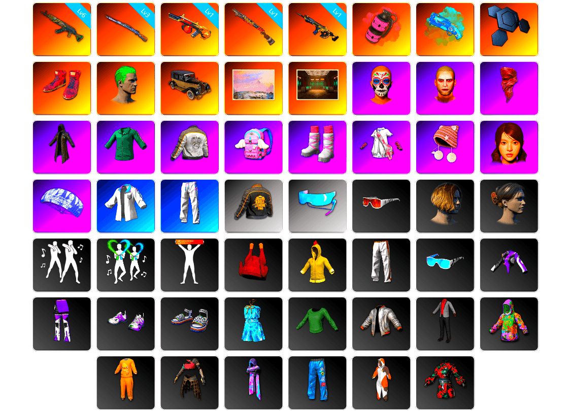 Pink Smoke Grenade, Blue Magical Mist — M79, Hi-top Trainers (Red), The Joker's Hair, Winter Hideout, Secret Showroom, The Joker's Hair, PLAYERUNKNOWN's Bandana, Heavy Fur Coat (Black), PML 2019 Phase 2 Jacket, XingHun's Tiger Strike Jacket, XingHun's Tiger Strike Pants, PKL 2019 Phase 2 Jacket, Aixleft's Gaming Streamer Hoodie, Exquisite Pants, XingHun's Tiger Strike Snow Glasses, XiongDi Hoodie, StreamerOne, Winner Winner Chicken Dinner T-Shirt (Red), Parachute, Full Autumn — M416, Blue Thunder Gloves, Diva Glasses (White), Grizz's Mask, DOUYU T-shirt - 1