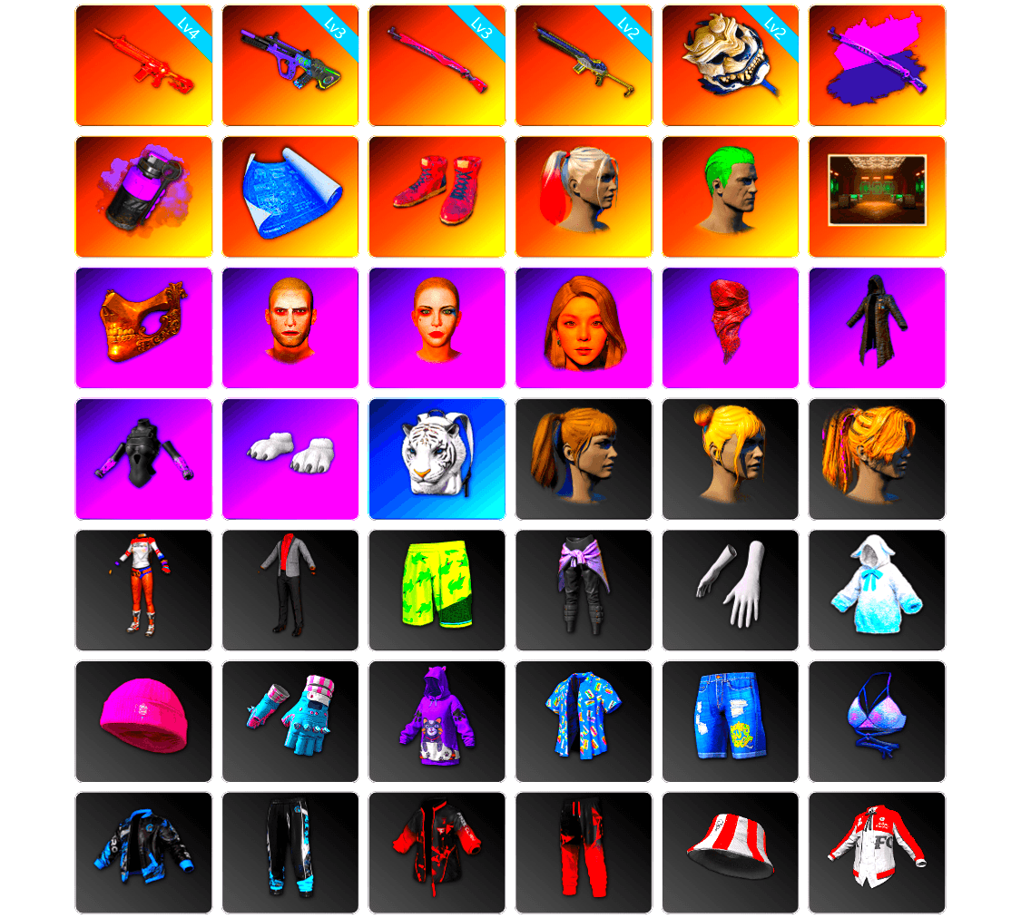 Purple Smoke Grenade, Hi-top Trainers (Red), Harley Quinn's Hair, The Joker's Hair, Secret Showroom, PGC 2021 Contingent Chaos Mask, The Joker's Hair, PLAYERUNKNOWN's Bandana, Heavy Fur Coat (Black), Polar Bear Feet, Harley Quinn's Hair, Bunny Academy Sailor Gloves, Rash Beixli Xtra Tough Jacket, Harley Quinn's Makeup, Jijing's Shorts, StreamerOne, Grizz's Mask - 1