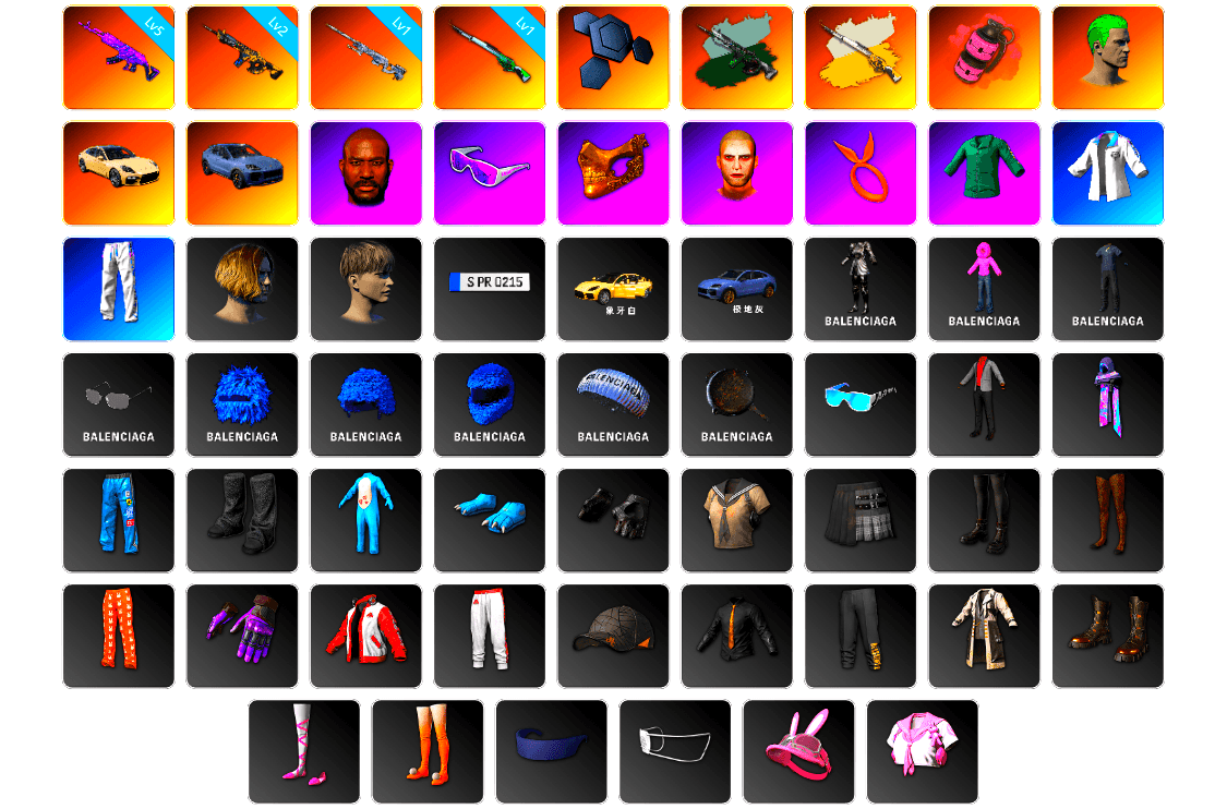 Time Keeper - M416 (Gray Green), Pink Smoke Grenade, The Joker's Hair, «Panamera Turbo S» Sedan, «Cayenne Turbo GT» SUV, Jonathan Kamau, Snow Glasses, PGC 2021 Contingent Chaos Mask, The Joker's Hair, Bunny Academy Sailor Gloves, Rash Beixli Xtra Tough Jacket, XingHun's Tiger Strike Jacket, XingHun's Tiger Strike Pants, XingHun's Tiger Strike Snow Glasses, NH-Esports Jacket, «McLaren GT Standard (Silica White)» Sports Car, Blue Thunder Gloves, DOUYU T-shirt - 1