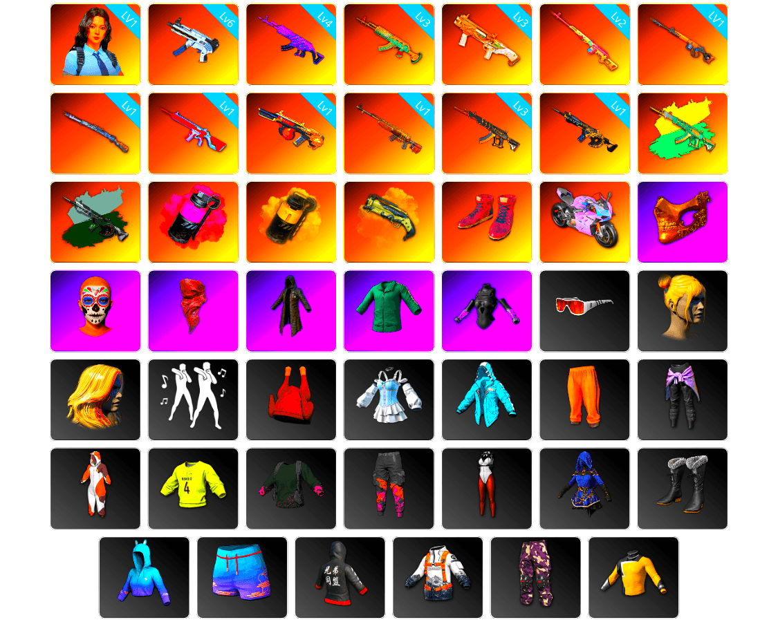 Rest in Pink — Dragunov [2], Time Keeper - M416 (Gray Green), Magenta Smoke Grenade, Yellow Smoke Grenade, Ivory Fog of Fury — M79, Hi-top Trainers (Red), «Panigale V4 S (Twilight Torque)» Motorcycle, PGC 2021 Contingent Chaos Mask, PLAYERUNKNOWN's Bandana, Heavy Fur Coat (Black), Bunny Academy Sailor Gloves, XiongDi Hoodie, StreamerOne, Full Autumn — M416, Grizz's Mask, HUYA T-shirt - 1