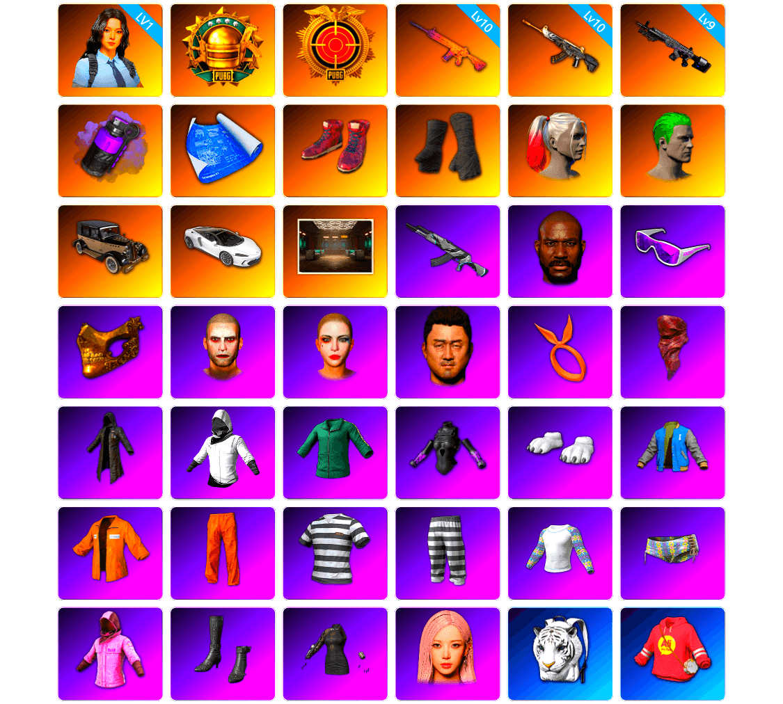 Purple Smoke Grenade, Hi-top Trainers (Red), Duncan's Infiltrator Handwraps, Harley Quinn's Hair, The Joker's Hair, Secret Showroom, Jonathan Kamau, Snow Glasses, PGC 2021 Contingent Chaos Mask, The Joker's Hair, PLAYERUNKNOWN's Bandana, Heavy Fur Coat (Black), WackyJacky101's Jacket, Polar Bear Feet, PUBG I Jacket, Escapee Jacket, Jailbird T-Shirt, Rash Vest, Rash Beixli Xtra Tough Jacket, aespa Stage, Harley Quinn's Hair, Hairstyle PGI.S, Bunny Academy Sailor Gloves, Rash Beixli Xtra Tough Jacket, Ghosted — AKM, Harley Quinn's Makeup, PJS 2019 Phase 2 Jacket, NH-Esports Jacket, GPT 2025 Four Angry Men Jacket, aespa GISELLE, Full Autumn — M416, Tactical Gloves, Rose-tinted Glasses, Grizz's Mask, HUYA T-shirt, Sideshow Bear Feet - 1