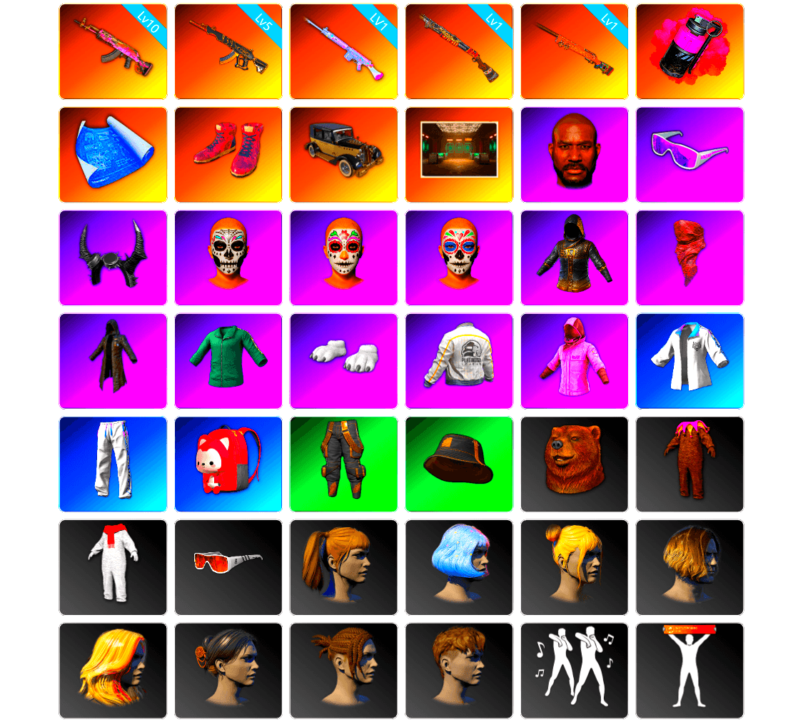 Magenta Smoke Grenade, Hi-top Trainers (Red), Jonathan Kamau, Snow Glasses, Demon Biker Horns, PLAYERUNKNOWN's Bandana, Heavy Fur Coat (Black), Polar Bear Feet, Rash Beixli Xtra Tough Jacket, Harley Quinn's Hair, Rash Beixli Xtra Tough Jacket, PEL 2019 Phase 2 Jacket, XingHun's Tiger Strike Jacket, XingHun's Tiger Strike Pants, Exquisite Pants, StreamerOne, GPT 2025 Four Angry Men Jacket, Training Jacket (Green), HUYA T-shirt, Sideshow Bear Feet - 1
