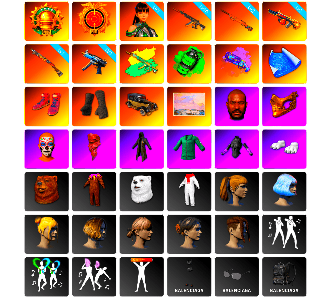 Emerald Smoke Grenade, Purple Magical Mist — M79, Hi-top Trainers (Red), Duncan's Infiltrator Handwraps, Winter Hideout, Jonathan Kamau, PGC 2021 Contingent Chaos Mask, PLAYERUNKNOWN's Bandana, Heavy Fur Coat (Black), Polar Bear Feet, Harley Quinn's Hair, Bunny Academy Sailor Gloves, Jijing's Shorts, StreamerOne, Grizz's Mask, MET Asia Series Bomber Jacket, HUYA T-shirt, Sideshow Bear Feet - 1