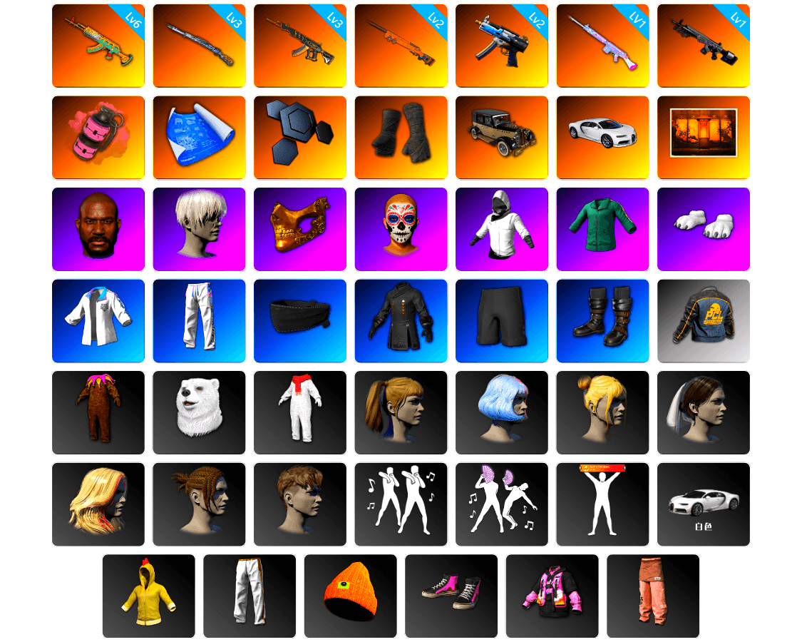 Pink Smoke Grenade, Duncan's Infiltrator Handwraps, «Chiron» Sports Car, Weapons Shrine, Jonathan Kamau, 9S's Hairstyle, PGC 2021 Contingent Chaos Mask, Polar Bear Feet, Harley Quinn's Hair, Rash Beixli Xtra Tough Jacket, XingHun's Tiger Strike Jacket, XingHun's Tiger Strike Pants, Exquisite Pants, StreamerOne, GPT 2025 Four Angry Men Jacket, Full Autumn — M416, Blue Thunder Gloves, Sideshow Bear Feet - 1