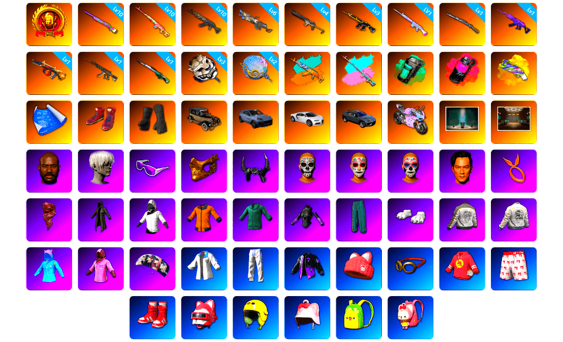 Rest in Pink — Dragunov [10], Teal Smoke Grenade, Magenta Smoke Grenade, Yellow Fog of Fury — M79, Hi-top Trainers (Red), Duncan's Infiltrator Handwraps, «Cayenne Turbo GT» SUV, «Chiron» Sports Car, «Panigale V4 S (Twilight Torque)» Motorcycle, Chamber of Triumph, Secret Showroom, Jonathan Kamau, 9S's Hairstyle, Snow Glasses, PGC 2021 Contingent Chaos Mask, Demon Biker Horns, PLAYERUNKNOWN's Bandana, Heavy Fur Coat (Black), WackyJacky101's Jacket, Work Jacket, Polar Bear Feet, Aixleft's Gaming Streamer Hoodie, Rash Beixli Xtra Tough Jacket, aespa Stage, Harley Quinn's Hair, Bunny Academy Sailor Gloves, Rash Beixli Xtra Tough Jacket, PML 2019 Phase 2 Jacket, PEL 2019 Phase 2 Jacket, XingHun's Tiger Strike Jacket, XingHun's Tiger Strike Pants, PCL 2019 Phase 2 Jacket, Aixleft's Gaming Streamer Hoodie, XingHun's Tiger Strike Snow Glasses, Pigff's Tactical Striker Jacket, XiongDi Hoodie, NH-Esports Jacket, StreamerOne, Winner Winner Chicken Dinner T-Shirt (Red), GPT 2025 Four Angry Men Jacket, Training Jacket (Green), Parachute, Full Autumn — M416, NH-ESPORTS - Beryl M762, Diva Glasses (White), Shark Bite - Kar98k - 1