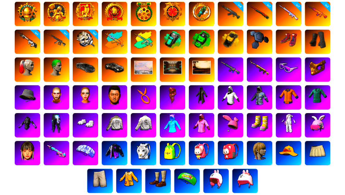 Teal Smoke Grenade, Emerald Smoke Grenade, Yellow Smoke Grenade, Hi-top Trainers (Red), Duncan's Infiltrator Handwraps, Harley Quinn's Hair, The Joker's Hair, «V12 Vantage Roadster» Sports Car, Snow Glasses, PGC 2021 Contingent Chaos Mask, The Joker's Hair, PLAYERUNKNOWN's Bandana, Heavy Fur Coat (Black), Polar Bear Feet, Rash Beixli Xtra Tough Jacket, Harley Quinn's Hair, Hairstyle PGI.S, Rash Beixli Xtra Tough Jacket, Pirate KIM's M416, Pirate KIM's SKS, Harley Quinn's Makeup, PML 2019 Phase 2 Jacket, PEL 2019 Phase 2 Jacket, NPL 2019 Phase 2 Jacket, XiongDi Hoodie, NH-Esports Jacket, StreamerOne, Full Autumn — M416, PGI.S Colorshift — Beryl M762, NH-ESPORTS - Beryl M762, Bengal Blade - SCAR-L, Blue Thunder Gloves, Crash Test Handwraps - 1