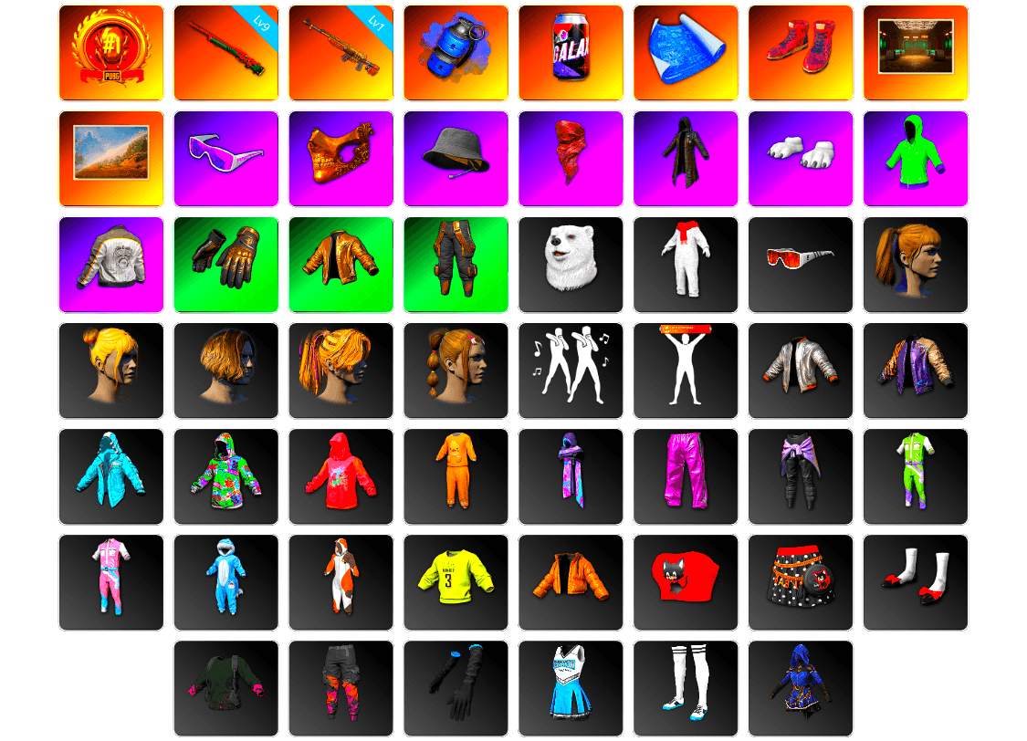 Blue Smoke Grenade, Hi-top Trainers (Red), Snow Glasses, PGC 2021 Contingent Chaos Mask, PLAYERUNKNOWN's Bandana, Heavy Fur Coat (Black), Polar Bear Feet, SkipNhO's SLR, Harley Quinn's Hair, PML 2019 Phase 2 Jacket, StreamerOne, Full Autumn — M416, Dahmien7's Champion Pan, Diva Glasses (White), DOUYU T-shirt - 1