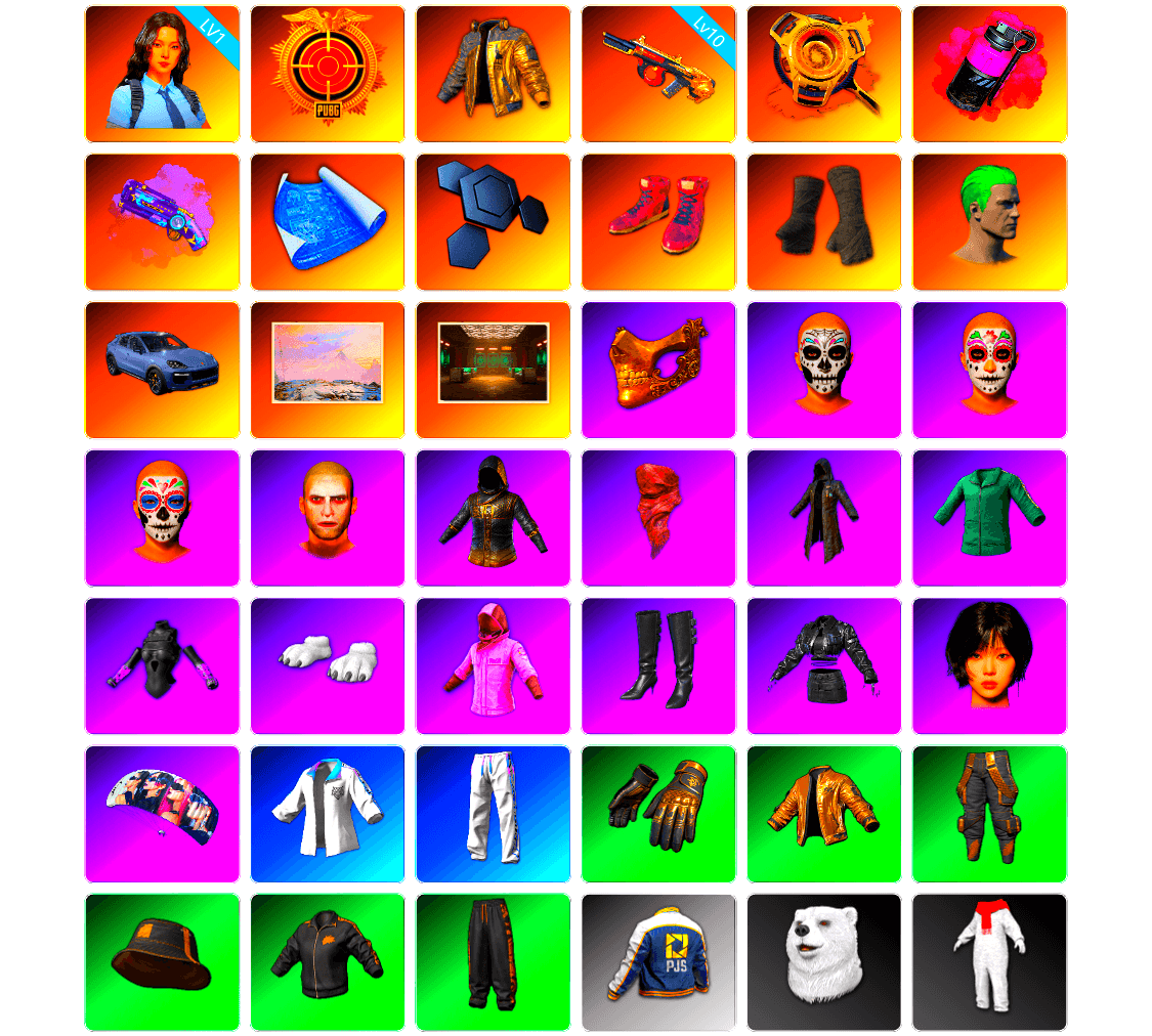Douyu Biker Jacket, Void — Pan (Yellow Orange), Magenta Smoke Grenade, Purple Magical Mist — M79, Hi-top Trainers (Red), Duncan's Infiltrator Handwraps, The Joker's Hair, «Cayenne Turbo GT» SUV, PGC 2021 Contingent Chaos Mask, The Joker's Hair, PLAYERUNKNOWN's Bandana, Heavy Fur Coat (Black), Polar Bear Feet, Rash Beixli Xtra Tough Jacket, aespa Stage, Harley Quinn's Hair, Rash Beixli Xtra Tough Jacket, XingHun's Tiger Strike Jacket, XingHun's Tiger Strike Pants, PJS 2019 Phase 2 Jacket, Exquisite Pants, StreamerOne, aespa WINTER, Full Autumn — M416, DOUYU T-shirt - 1