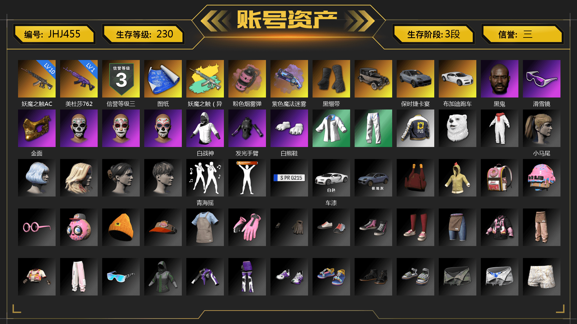 Pink Smoke Grenade, Purple Magical Mist — M79, Duncan's Infiltrator Handwraps, «Cayenne Turbo GT» SUV, «Chiron» Sports Car, Jonathan Kamau, Snow Glasses, PGC 2021 Contingent Chaos Mask, Polar Bear Feet, Harley Quinn's Hair, XingHun's Tiger Strike Jacket, XingHun's Tiger Strike Pants, PJS 2019 Phase 2 Jacket, StreamerOne, Training Jacket (Green), Refined Aeolus — Vector, DOUYU T-shirt - 1