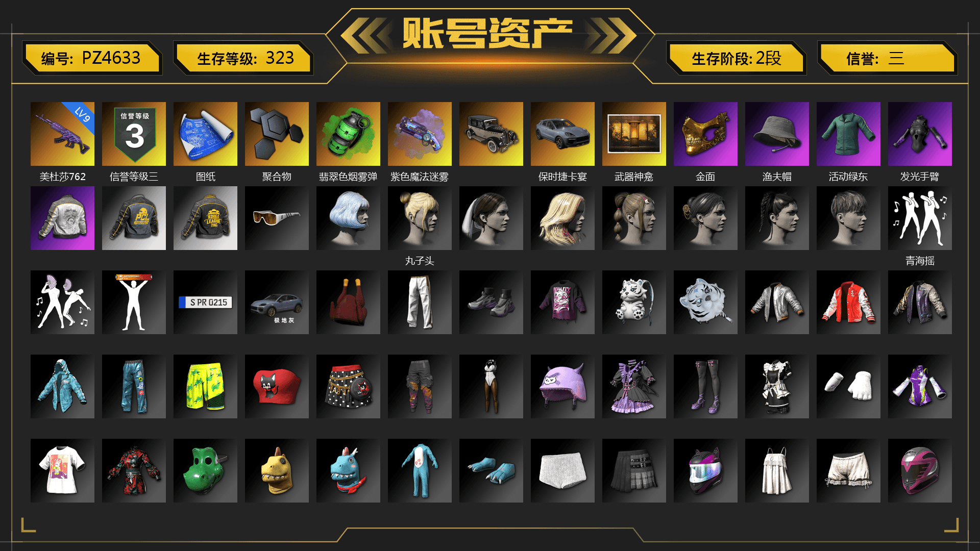 Emerald Smoke Grenade, Purple Magical Mist — M79, «Cayenne Turbo GT» SUV, Weapons Shrine, PGC 2021 Contingent Chaos Mask, PML 2019 Phase 2 Jacket, PKL 2019 Phase 2 Jacket, Exquisite Pants, Blue Thunder Gloves, Sideshow Bear Feet - 1