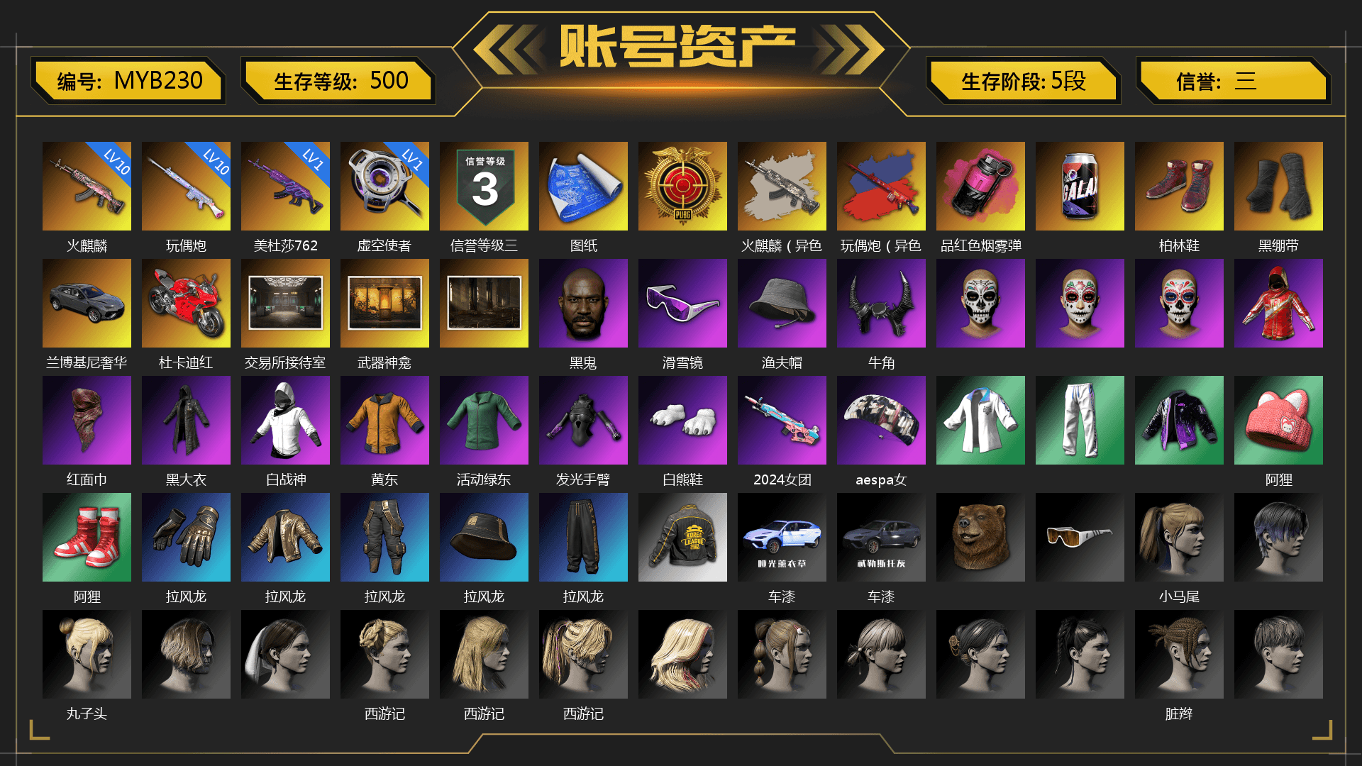 Magenta Smoke Grenade, Hi-top Trainers (Red), Duncan's Infiltrator Handwraps, Weapons Shrine, Jonathan Kamau, Snow Glasses, Demon Biker Horns, PLAYERUNKNOWN's Bandana, Heavy Fur Coat (Black), Polar Bear Feet, aespa Stage, Harley Quinn's Hair, Nostalgia, XingHun's Tiger Strike Jacket, XingHun's Tiger Strike Pants, PKL 2019 Phase 2 Jacket, Exquisite Pants, XiongDi Hoodie, StreamerOne, Training Jacket (Green), Full Autumn — M416, Blue Thunder Gloves - 1