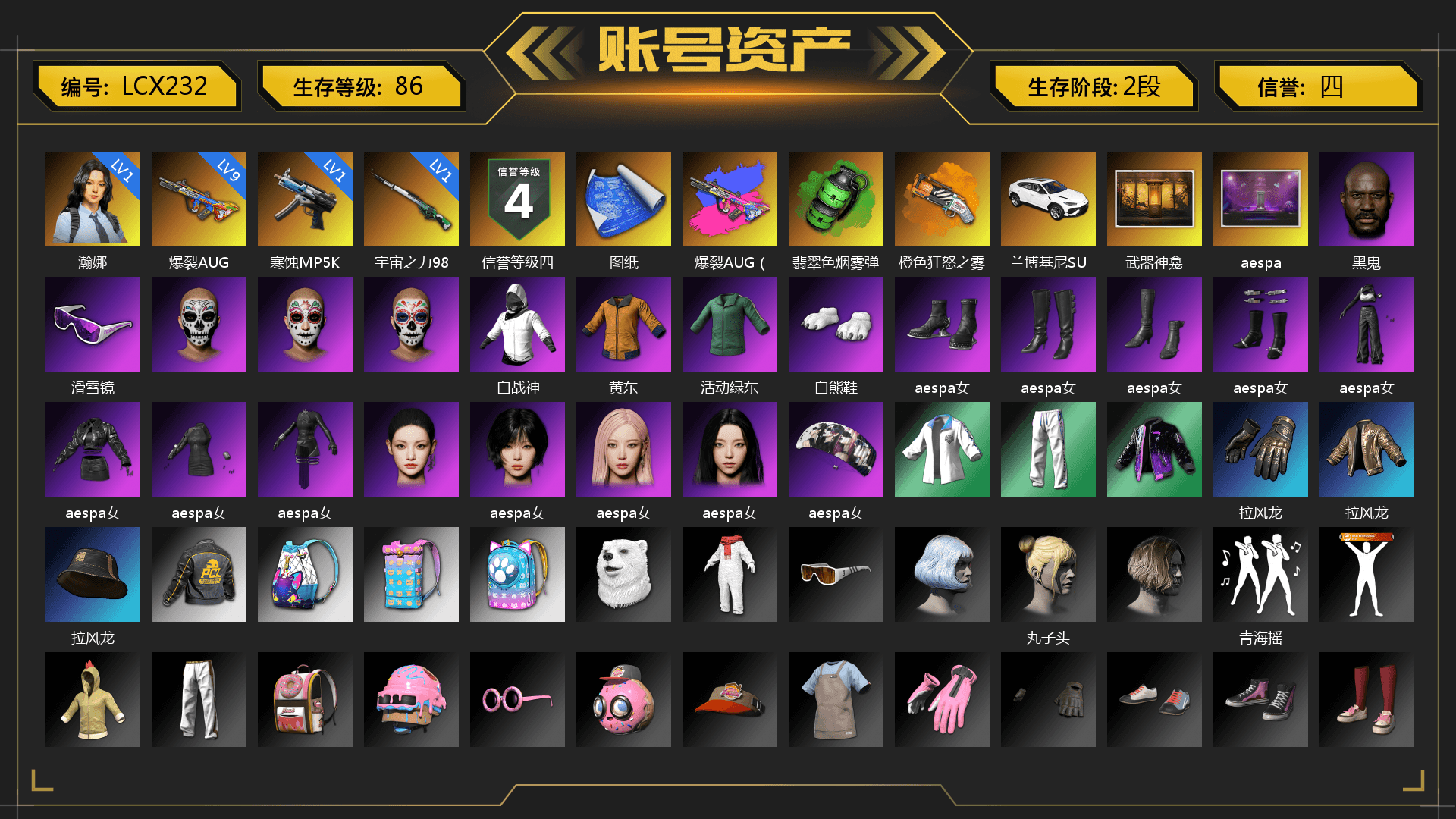 Emerald Smoke Grenade, Orange Fog of Fury — M79, Weapons Shrine, Jonathan Kamau, Snow Glasses, Polar Bear Feet, aespa Stage, aespa NINGNING, XingHun's Tiger Strike Jacket, XingHun's Tiger Strike Pants, Exquisite Pants, StreamerOne, Training Jacket (Green), aespa KARINA, aespa WINTER, aespa GISELLE, Full Autumn — M416, HUYA T-shirt, DOUYU T-shirt, Sideshow Bear Feet - 1