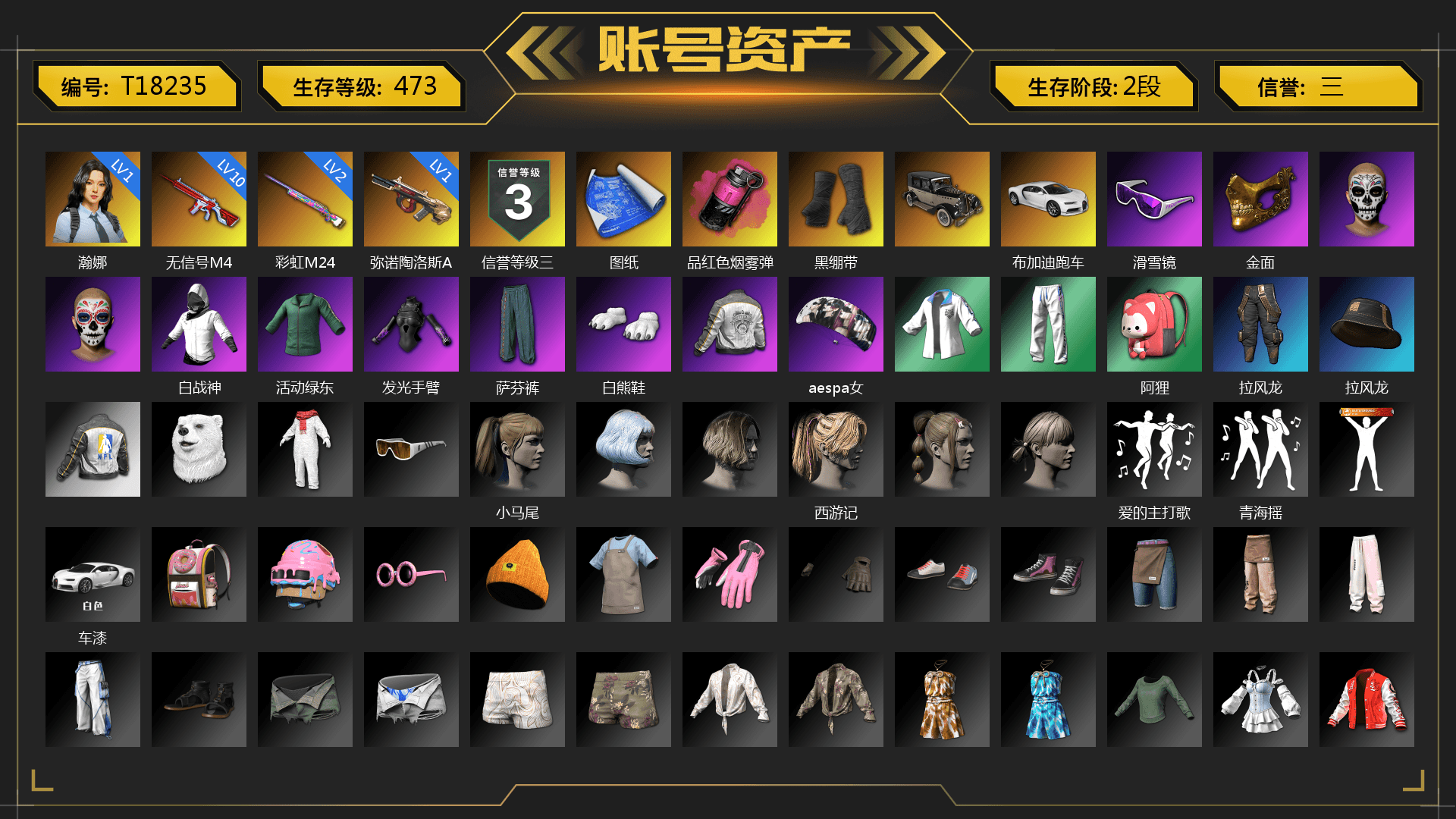 Magenta Smoke Grenade, Duncan's Infiltrator Handwraps, «Chiron» Sports Car, Snow Glasses, PGC 2021 Contingent Chaos Mask, Polar Bear Feet, aespa Stage, Harley Quinn's Hair, PML 2019 Phase 2 Jacket, XingHun's Tiger Strike Jacket, XingHun's Tiger Strike Pants, NPL 2019 Phase 2 Jacket, XiongDi Hoodie, StreamerOne, Diva Glasses (White) - 1