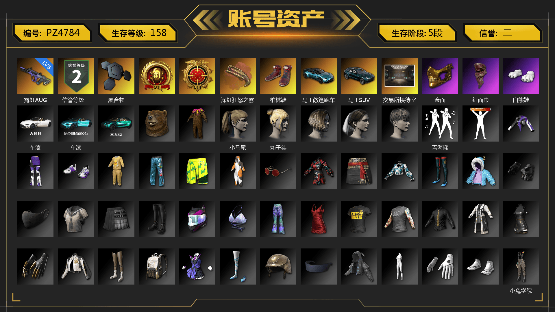 Crimson Fog of Fury — M79, Hi-top Trainers (Red), «V12 Vantage Roadster (Luxe)» Sports Car, «DBX707» SUV, PGC 2021 Contingent Chaos Mask, PLAYERUNKNOWN's Bandana, Polar Bear Feet, Harley Quinn's Hair, «DBX707» SUV, StreamerOne, Full Autumn — M416, Douyu Biker Jacket, Sideshow Bear Feet - 1