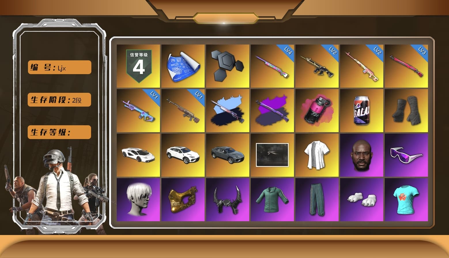 Rest in Pink — Dragunov [2], Magenta Smoke Grenade, Duncan's Infiltrator Handwraps, «Countach LPI 800-4» Sports Car, Secret Showroom, Short Sleeve Anchor Print Shirt, 9S's Hairstyle, Jonathan Kamau, Demon Biker Horns, PGC 2021 Contingent Chaos Mask, Snow Glasses, Polar Bear Feet, FireDragon's Shirt, Aixleft's Gaming Streamer Hoodie, Rash Beixli Xtra Tough Jacket, NPL 2019 Phase 2 Jacket, PCL 2019 Phase 2 Jacket, Aixleft's Gaming Streamer Hoodie, Sideshow Bear Feet, LINE FRIENDS SALLY SET, Harley Quinn's Hair, XiongDi Hoodie, Jijing's Shorts, StreamerOne, Winner Winner Chicken Dinner T-Shirt (Red), Training Jacket (Green), Bunny Academy Sailor Gloves, Rash Beixli Xtra Tough Jacket, Sacriel's Kar98k, Douyu Biker Jacket, Tactical Gloves, Headset Bucket Hat, Grizz's Mask, MET Asia Series Bomber Jacket, GLL Grand Slam Sweatshirt, HUYA T-shirt, JiBaoBa, Parachute - 1